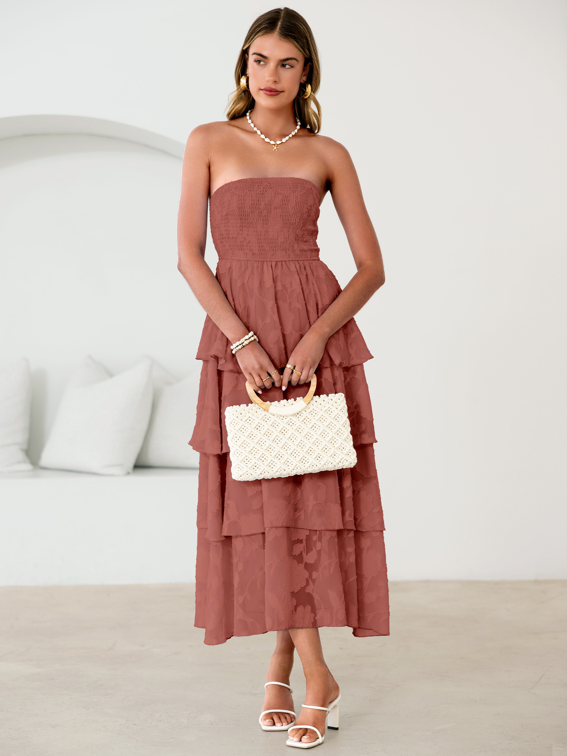 Floral Strapless Smocked Tiered Maxi Dress - Roseous