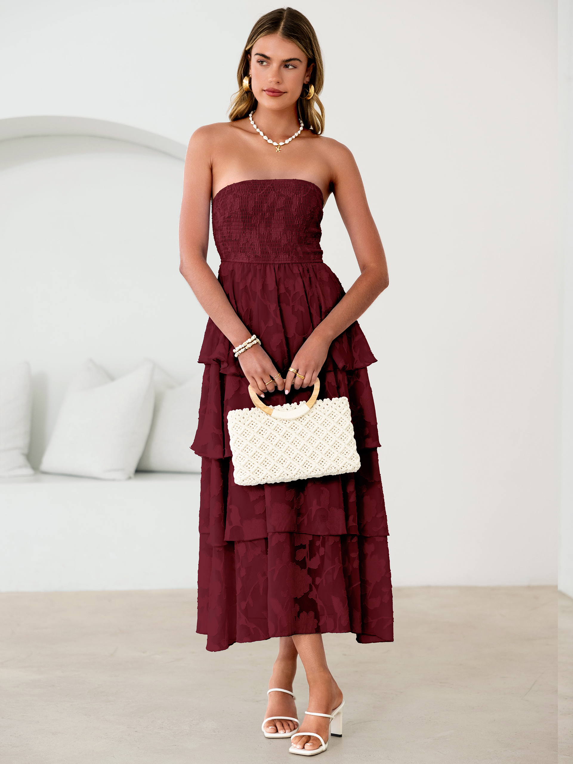 Floral Strapless Smocked Tiered Maxi Dress