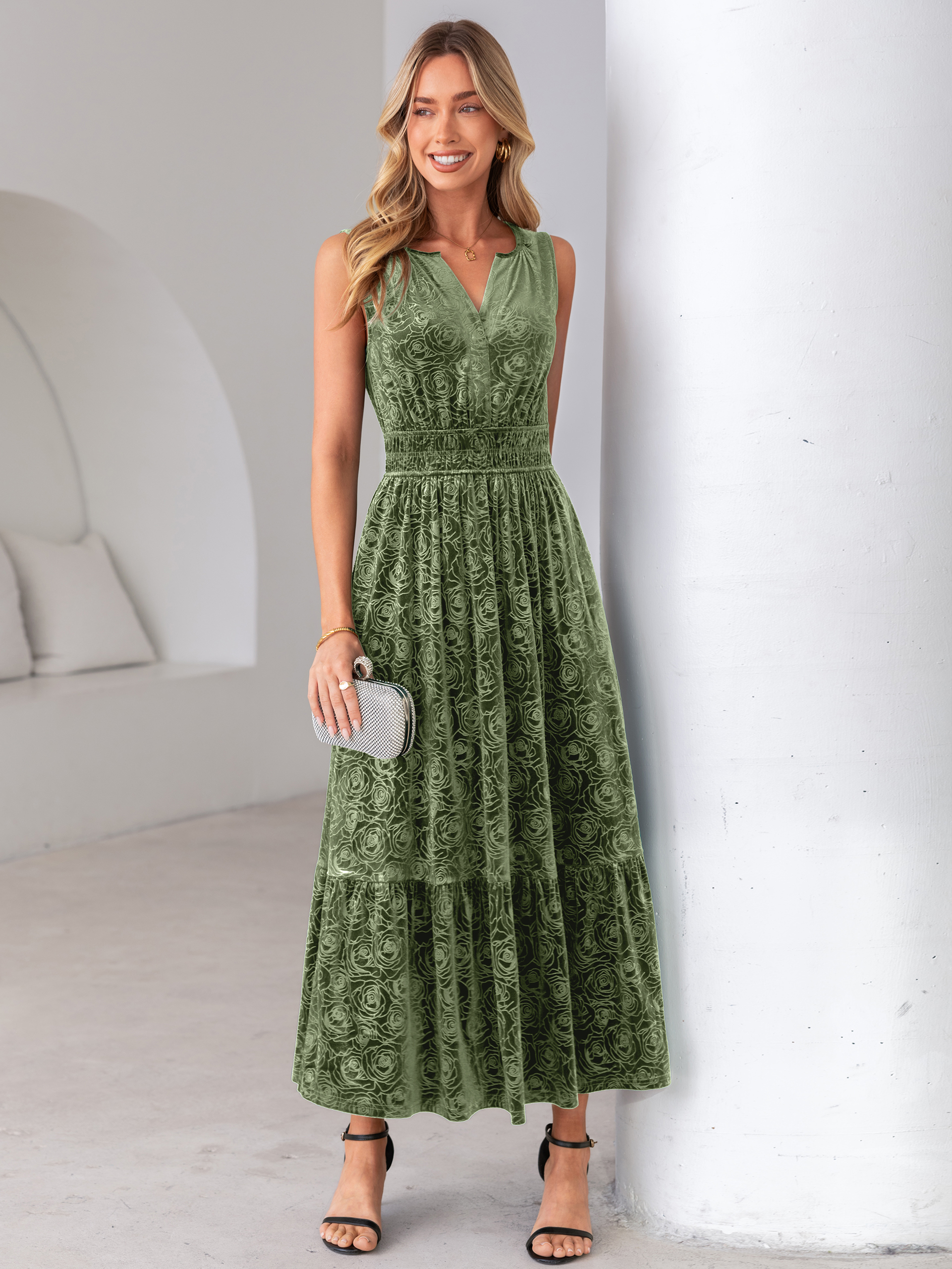 Sleeveless V-Neck Embossed Floral Velvet Maxi Dress