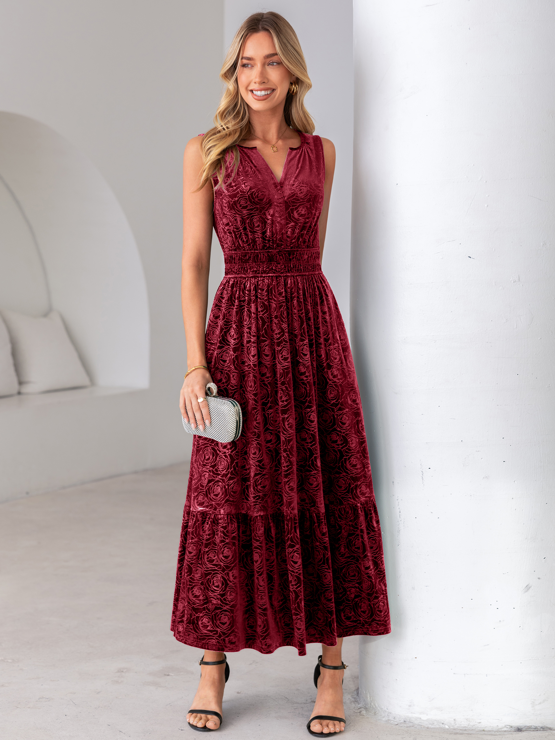 Sleeveless V-Neck Embossed Floral Velvet Maxi Dress
