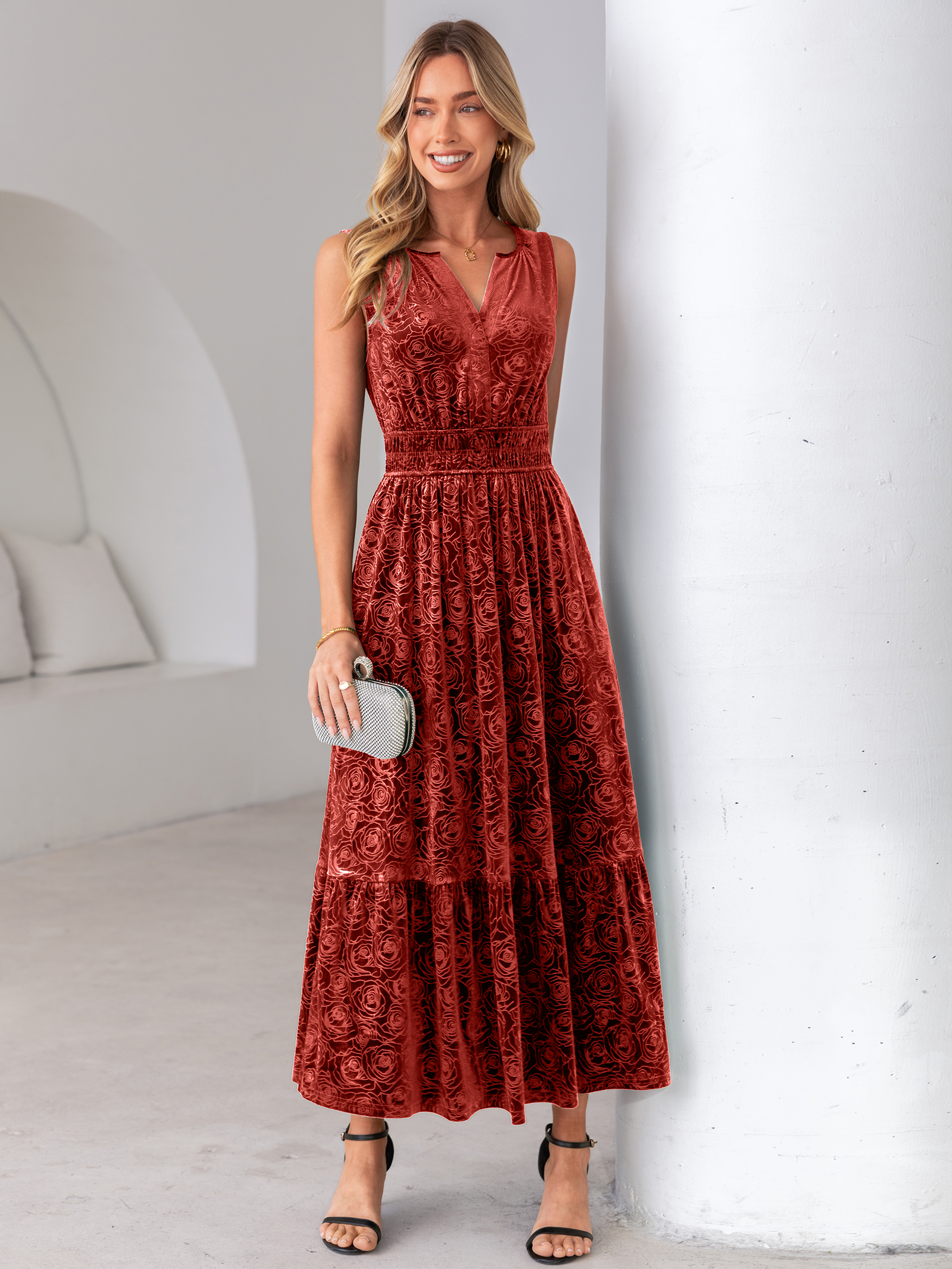Sleeveless V-Neck Embossed Floral Velvet Maxi Dress