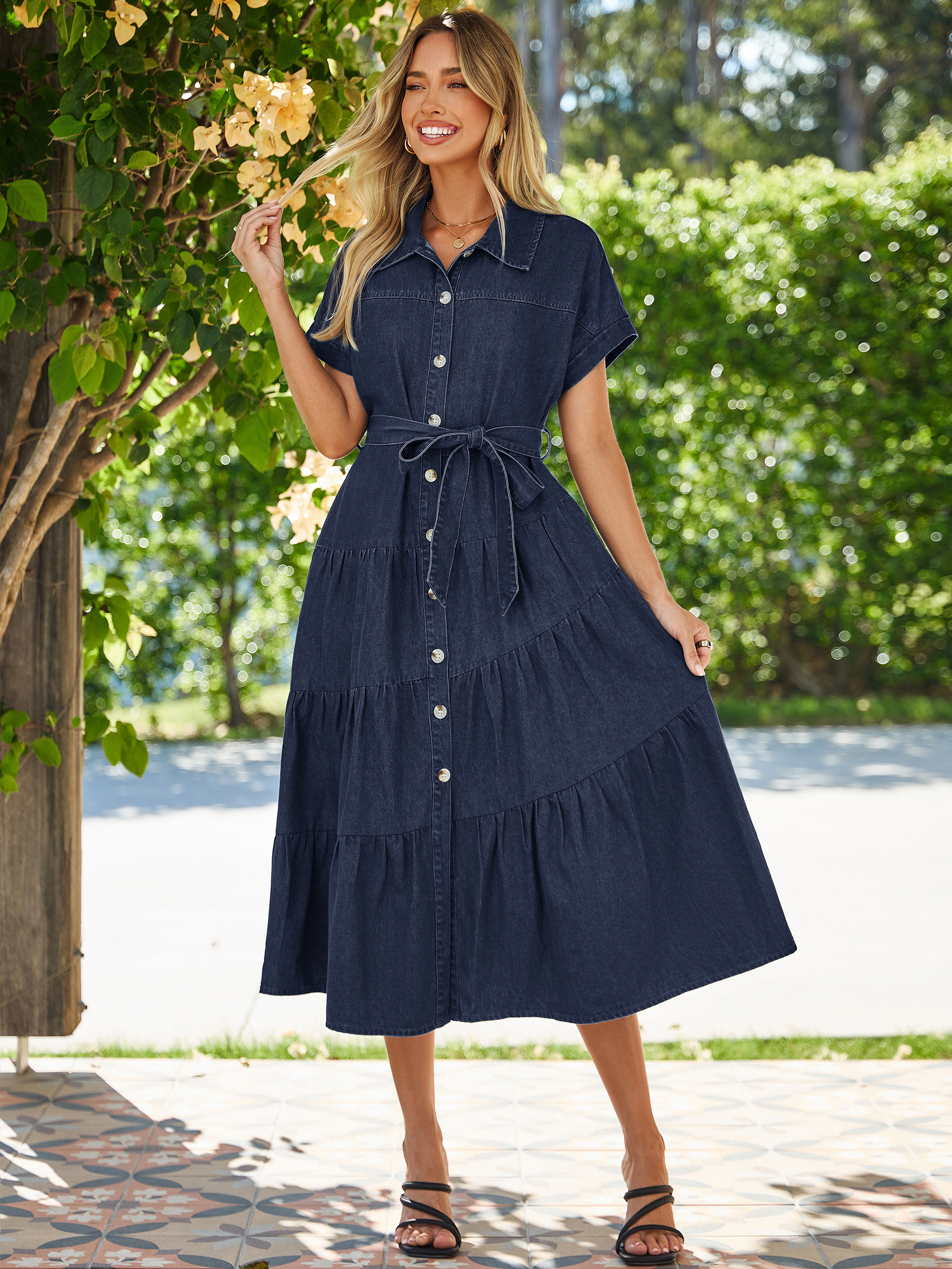 Short Sleeve Denim Belted Tiered Maxi Dress