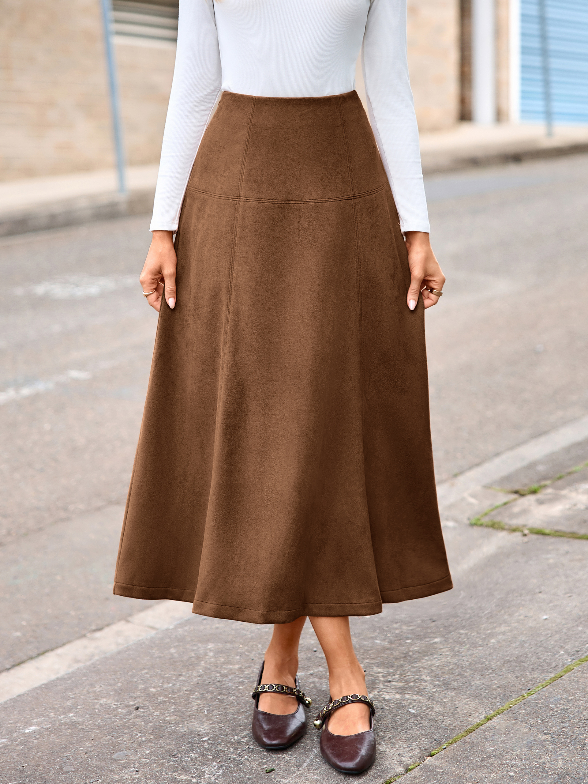 Faux Suede High Waisted Flare Midi Skirt