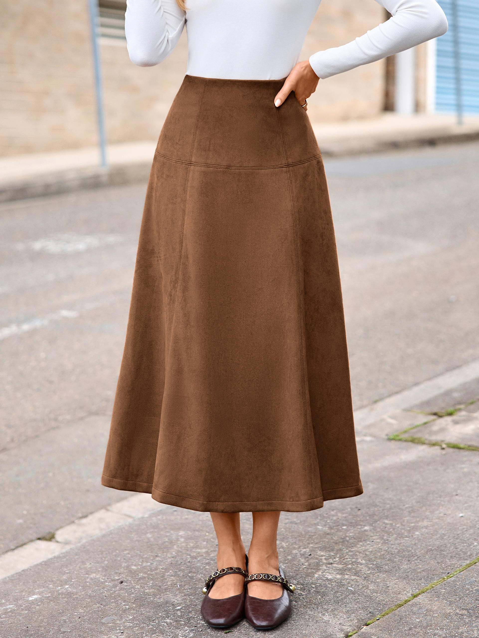 Faux Suede High Waisted Flare Midi Skirt