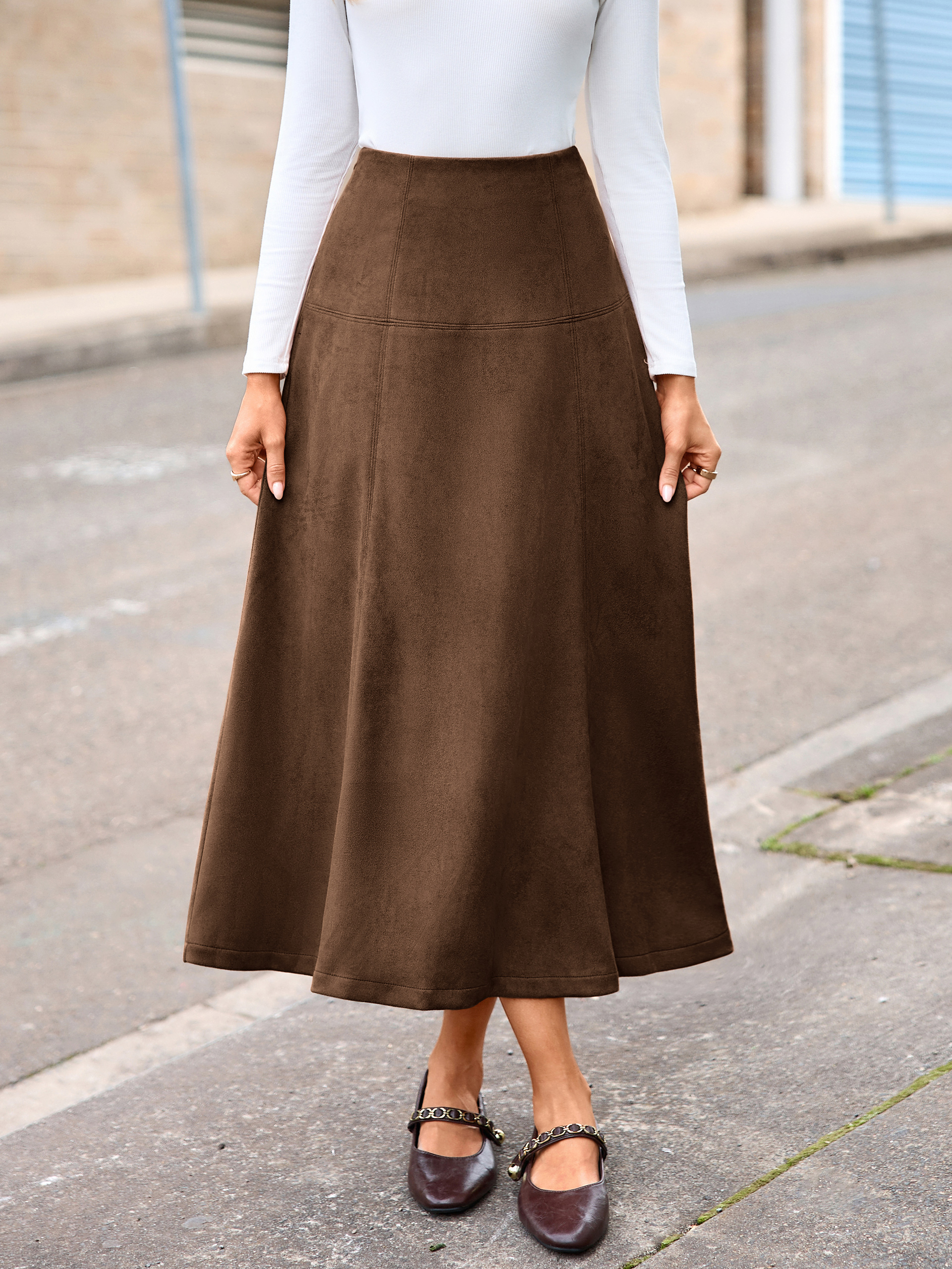 Faux Suede High Waisted Flare Midi Skirt