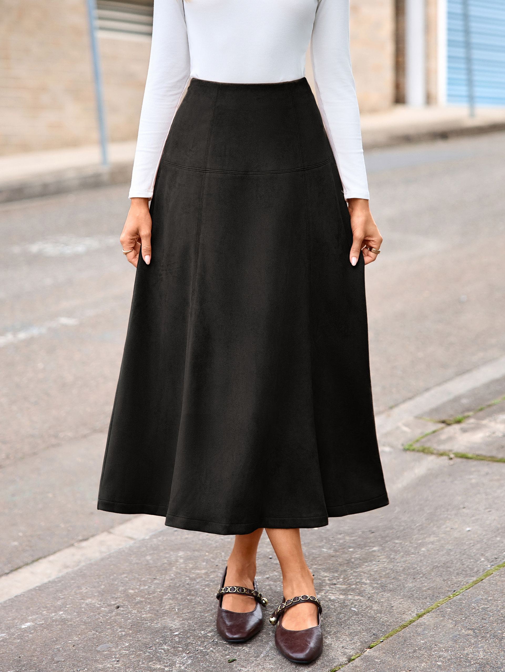 Faux Suede High Waisted Flare Midi Skirt