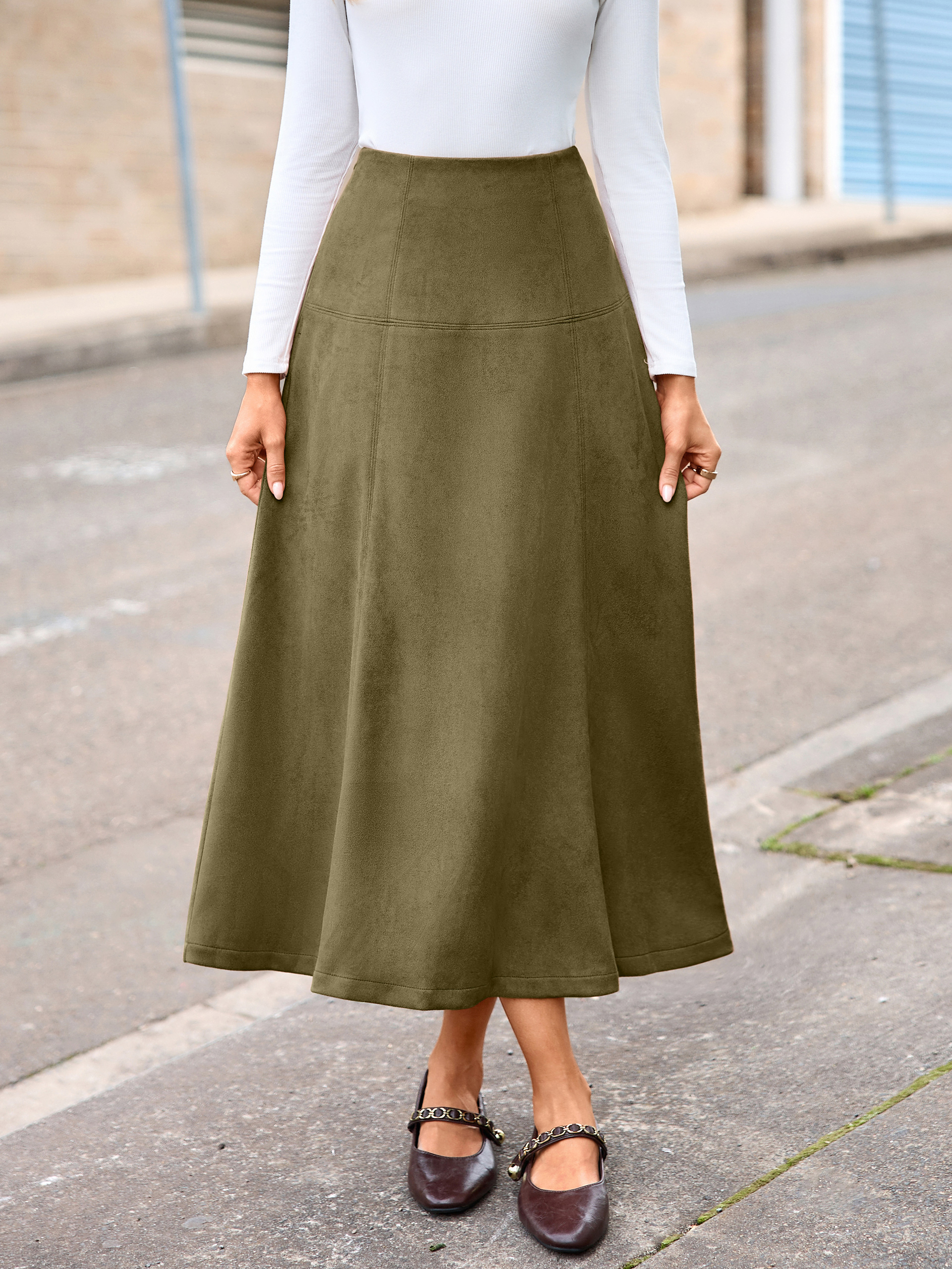 Faux Suede High Waisted Flare Midi Skirt