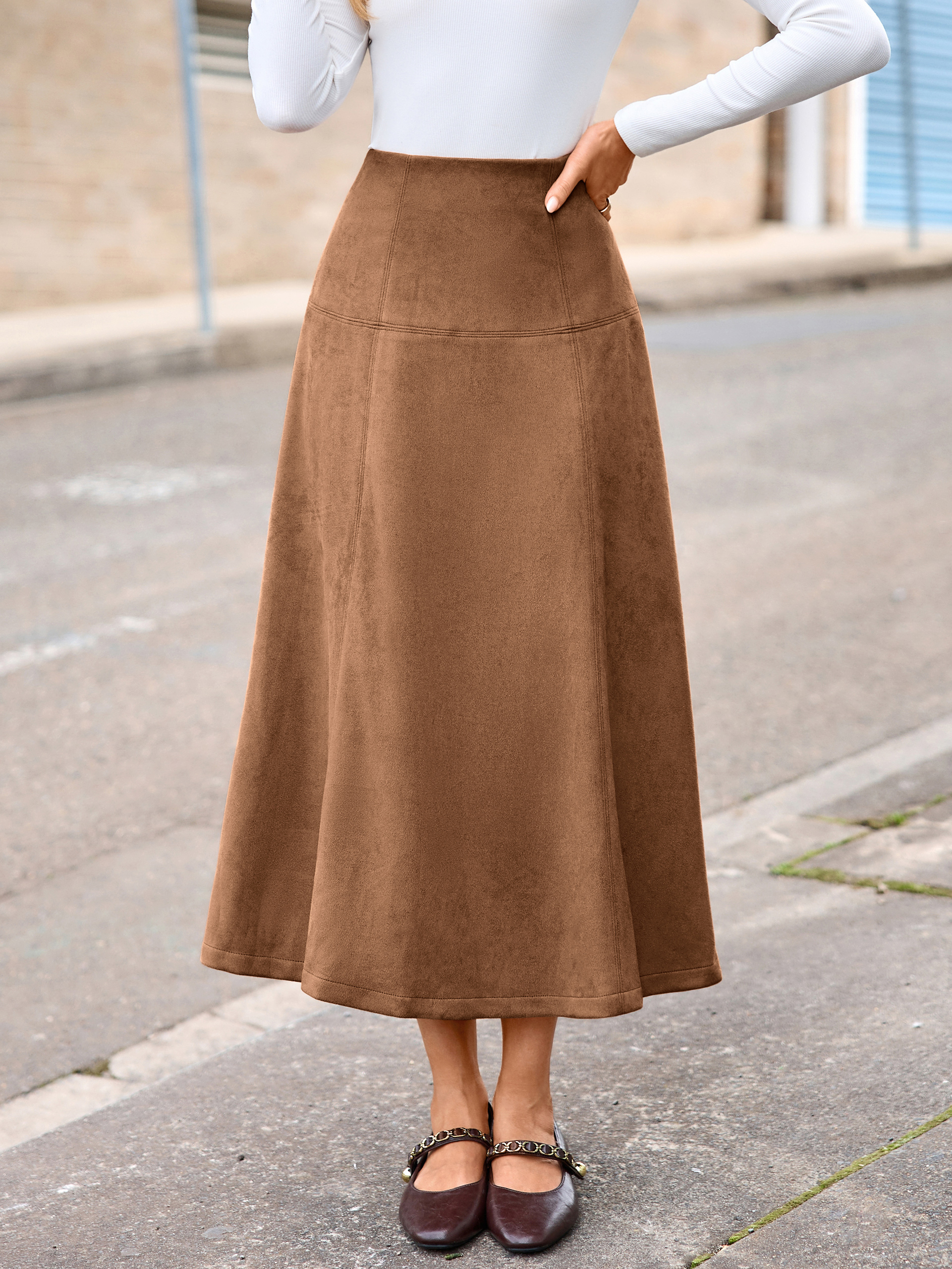 Faux Suede High Waisted Flare Midi Skirt