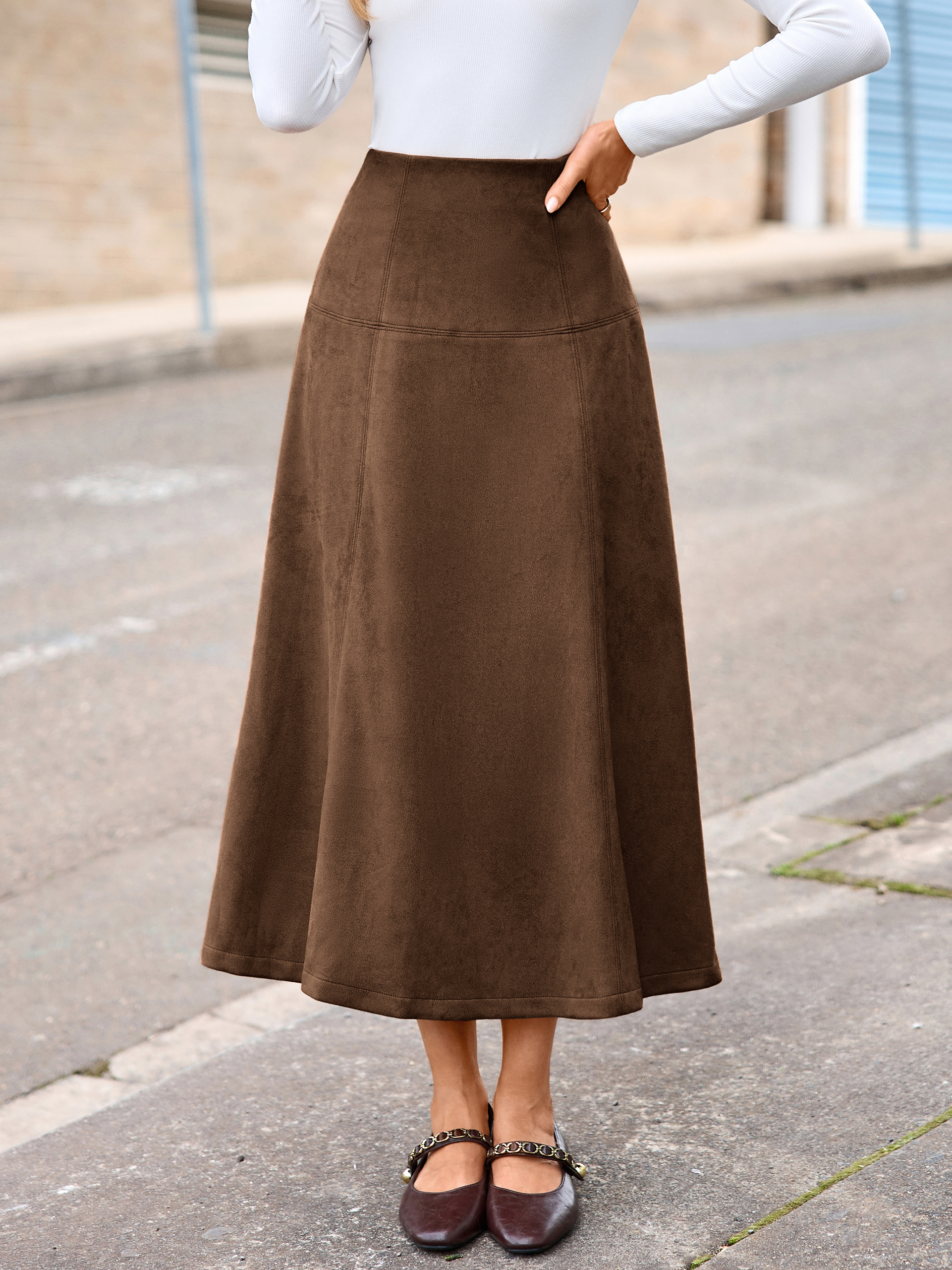 Faux Suede High Waisted Flare Midi Skirt