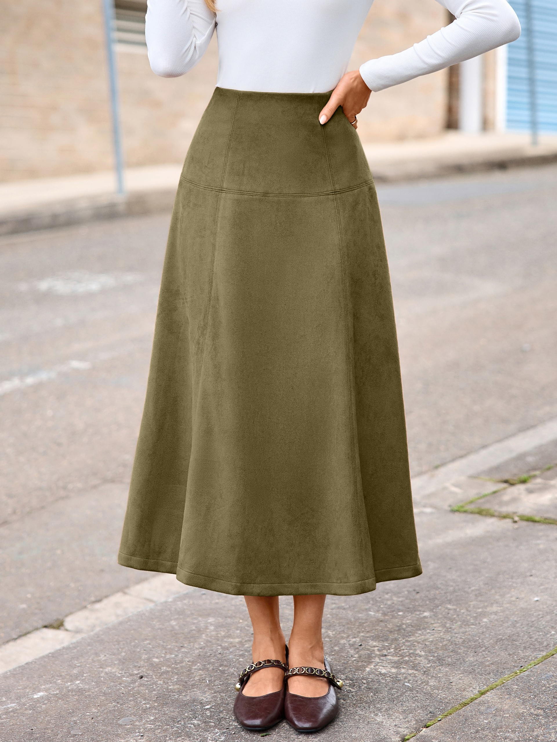 Faux Suede High Waisted Flare Midi Skirt