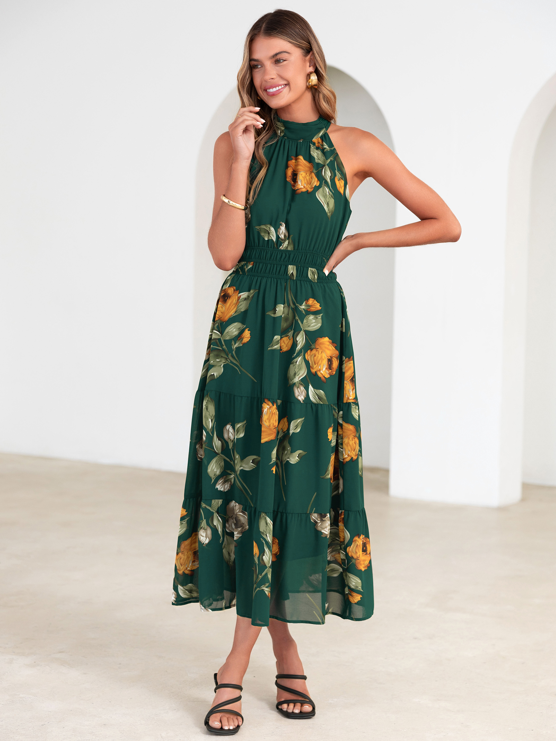 Floral Halter Neck Smocked Waist Maxi Dress - Green