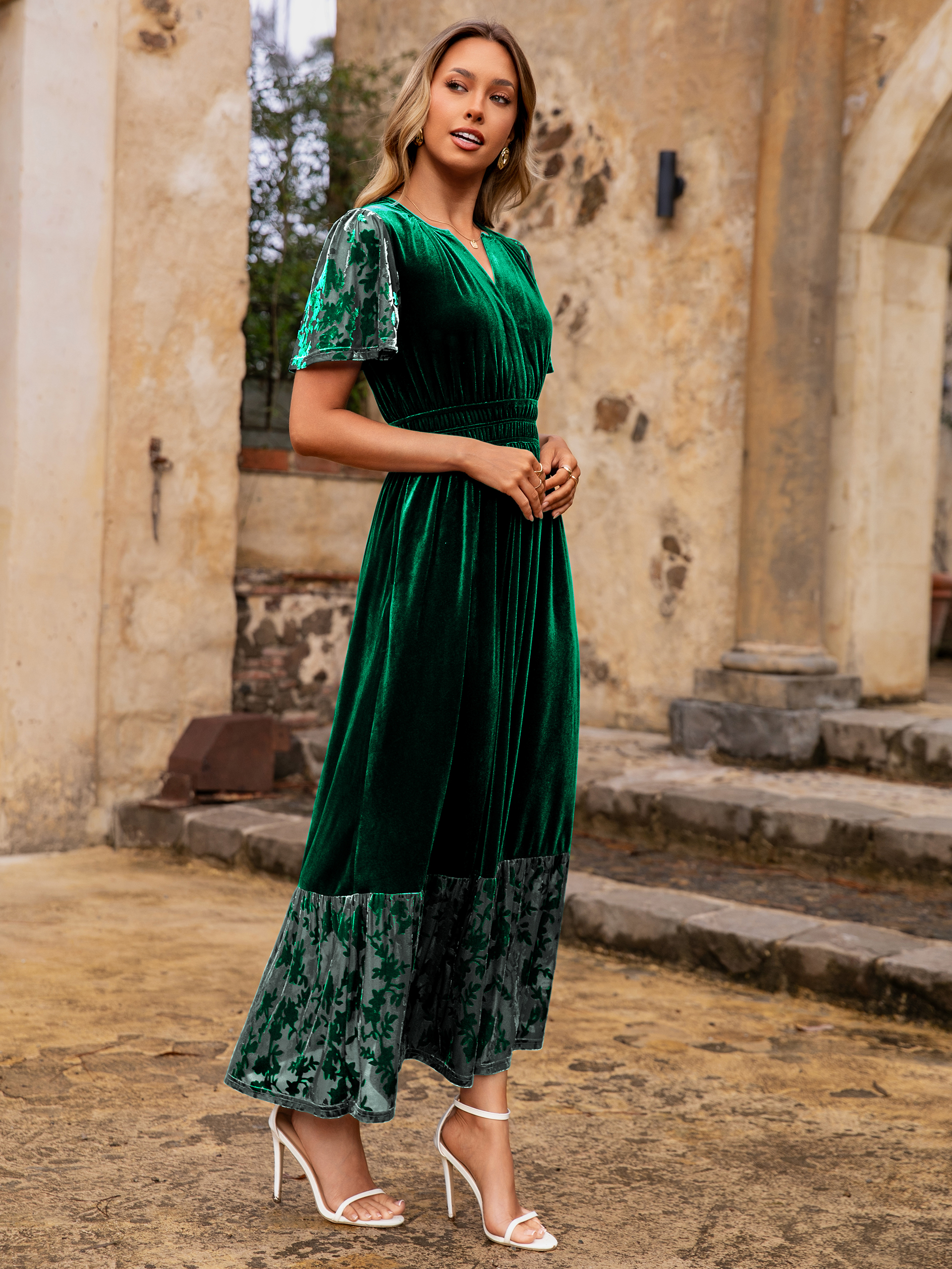 Velvet Floral Burnout V Neck Maxi Dress