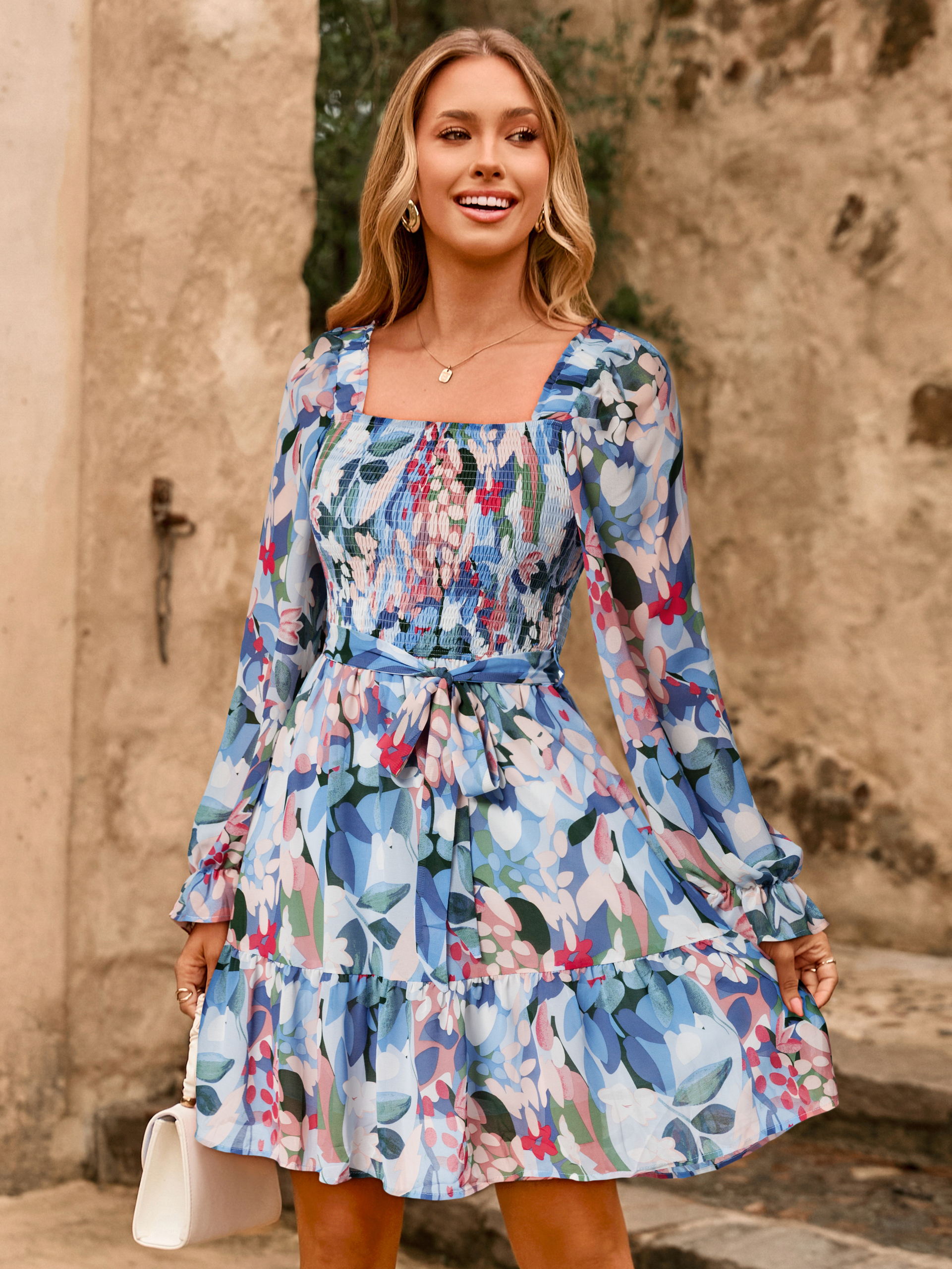 Boho Floral Chiffon Smocked Mini Dress - Flower Blue Floral