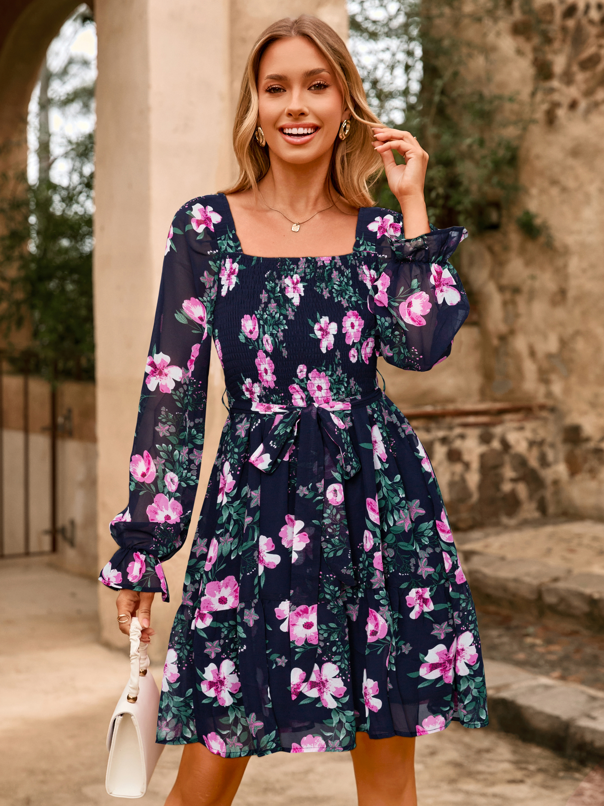 Boho Floral Chiffon Smocked Mini Dress