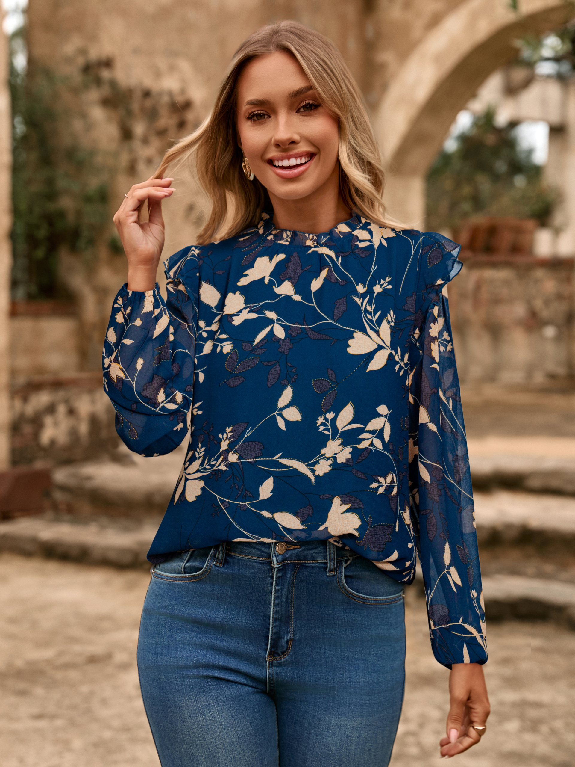 Boho Floral Ruffle Long Sleeve Blouse