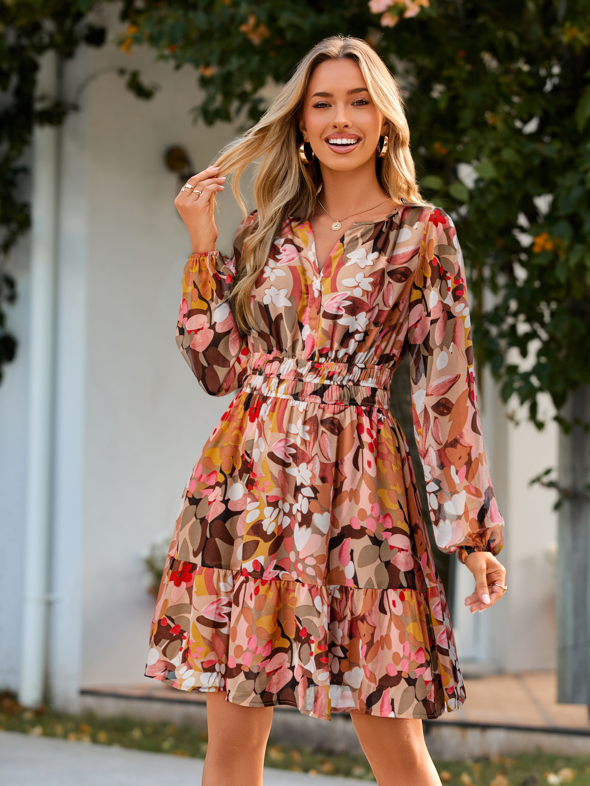 Boho V Neck A Line Floral Chiffon Mini Dress