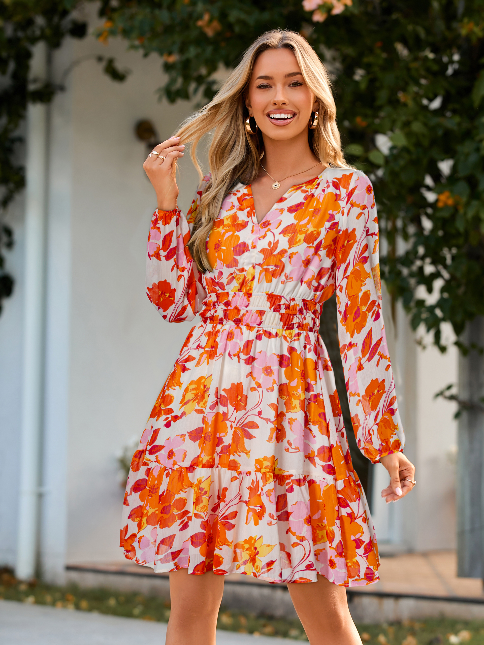 Boho V Neck A Line Floral Chiffon Mini Dress
