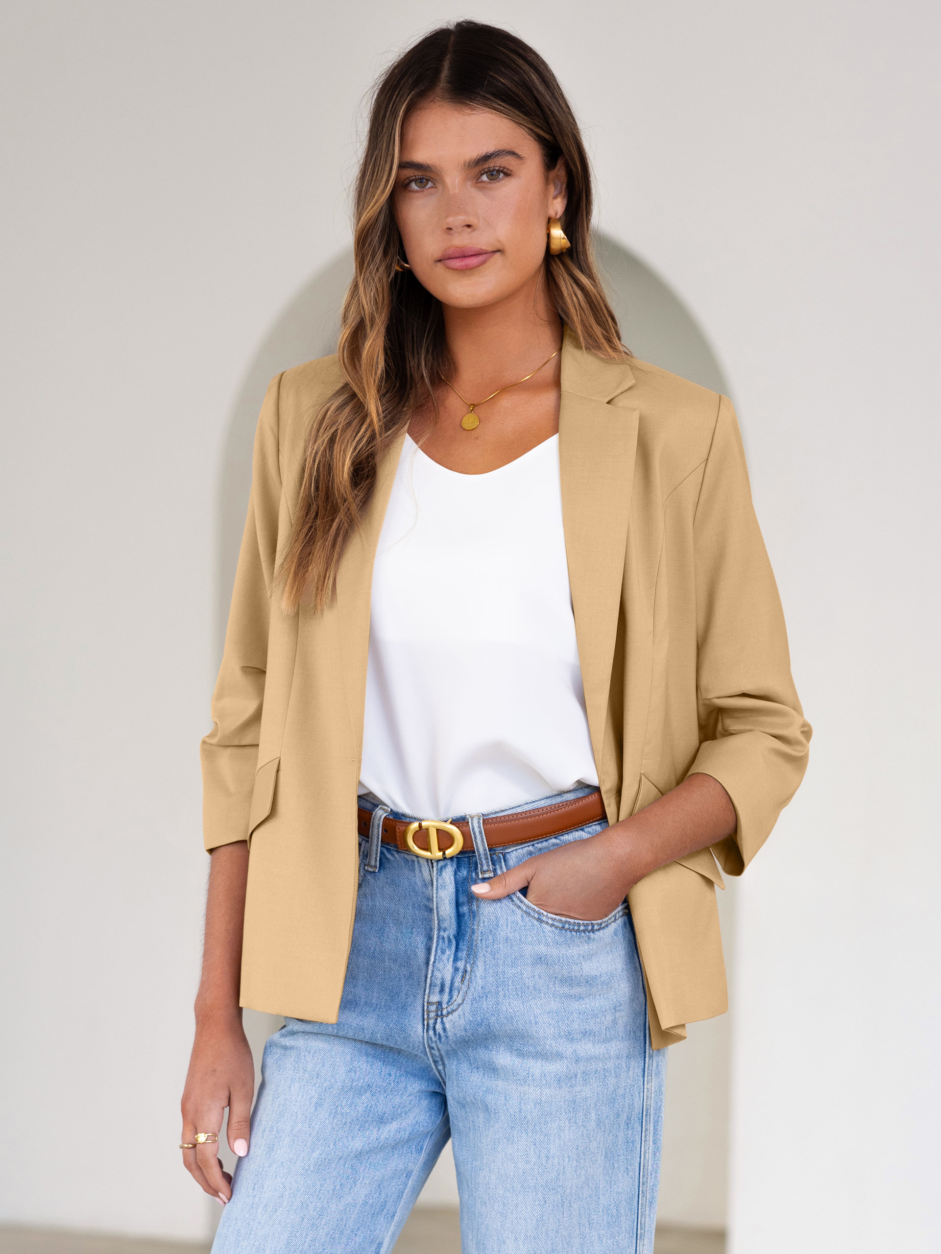 Relaxed Fit 3/4 Sleeve Notch Lapel Blazer - Camel