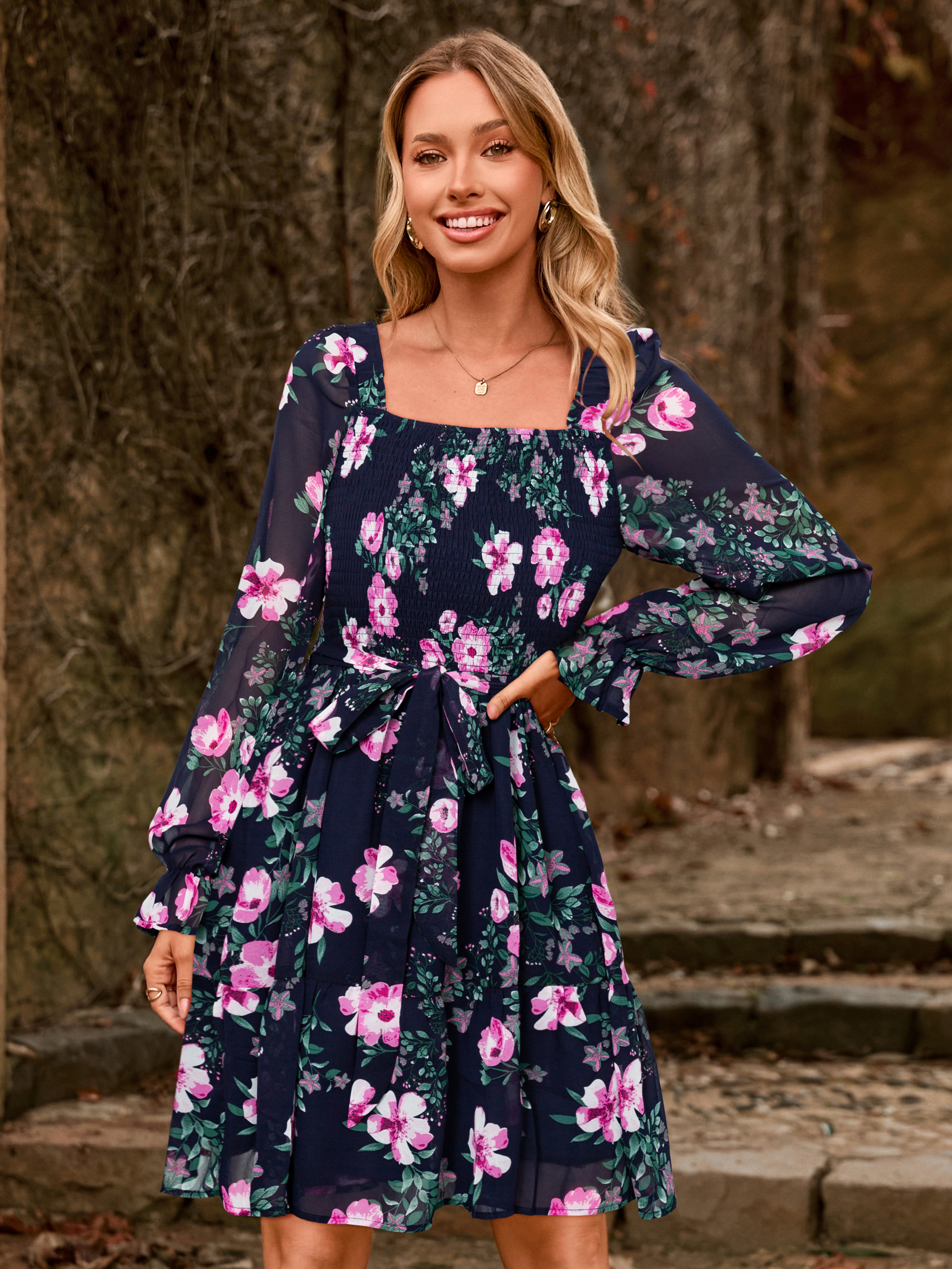 Boho Floral Chiffon Smocked Mini Dress