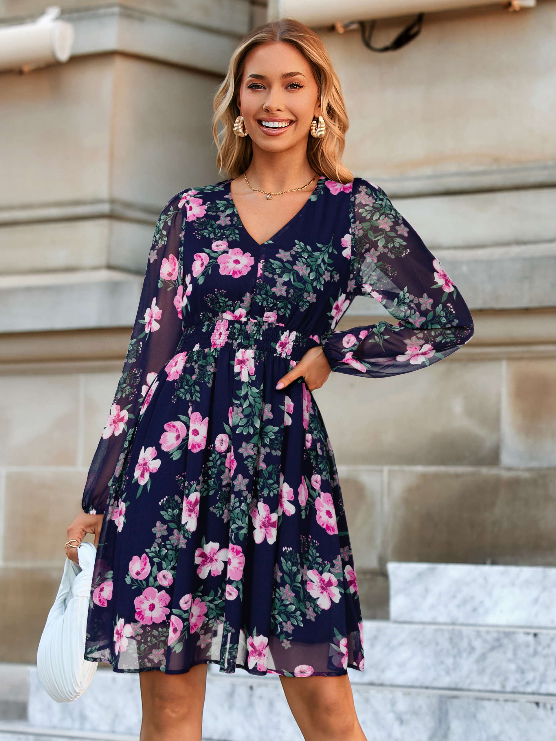 Boho Flowy Floral Chiffon Wedding Guest Mini Dress