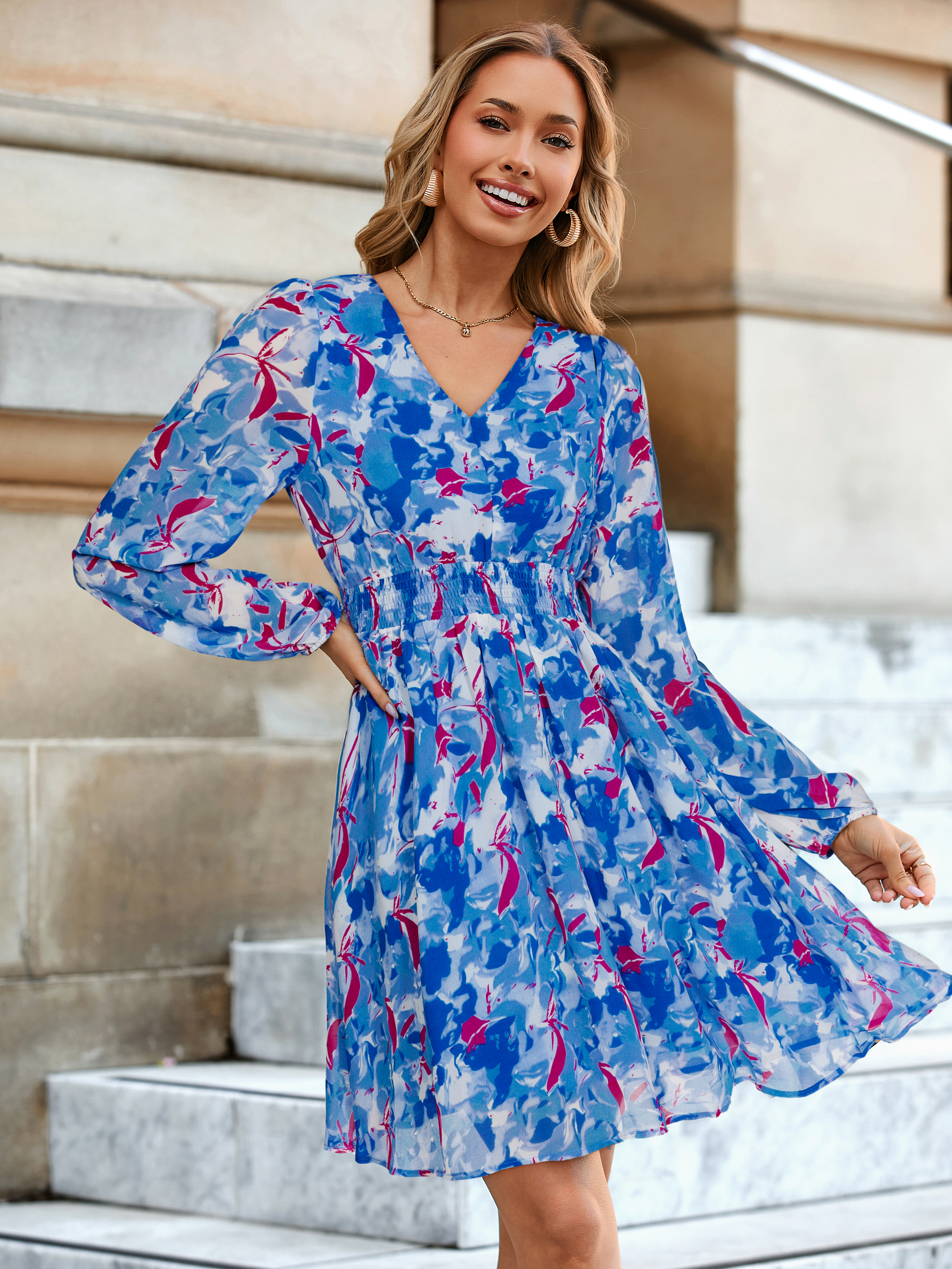 Boho Flowy Floral Chiffon Wedding Guest Mini Dress