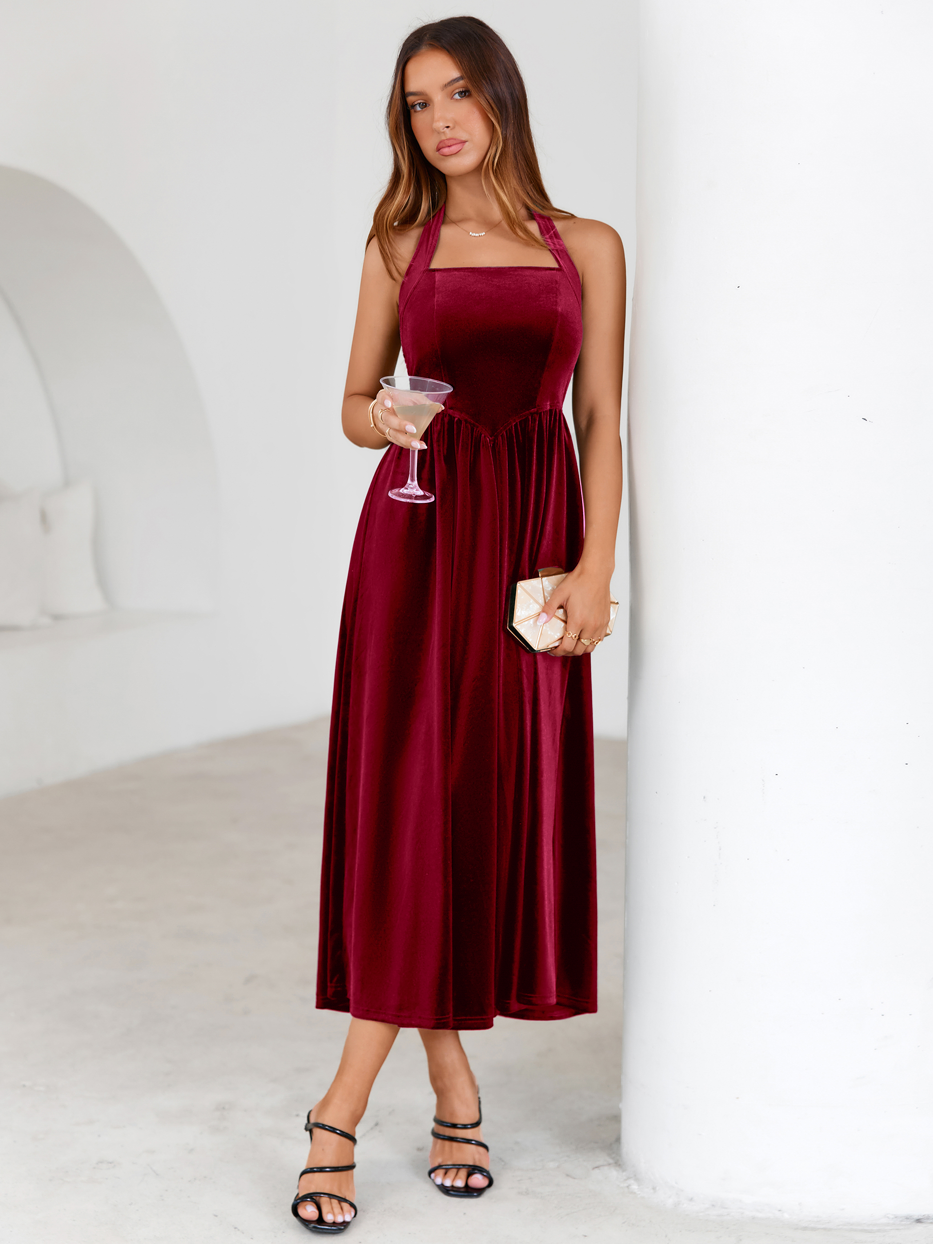Halter Neck Velvet Backless Party Maxi Dress