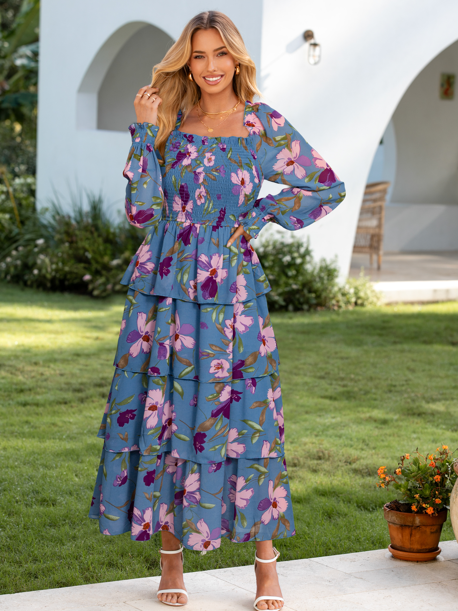 Floral Chiffon Tiered Smocked Wedding Guest Dress