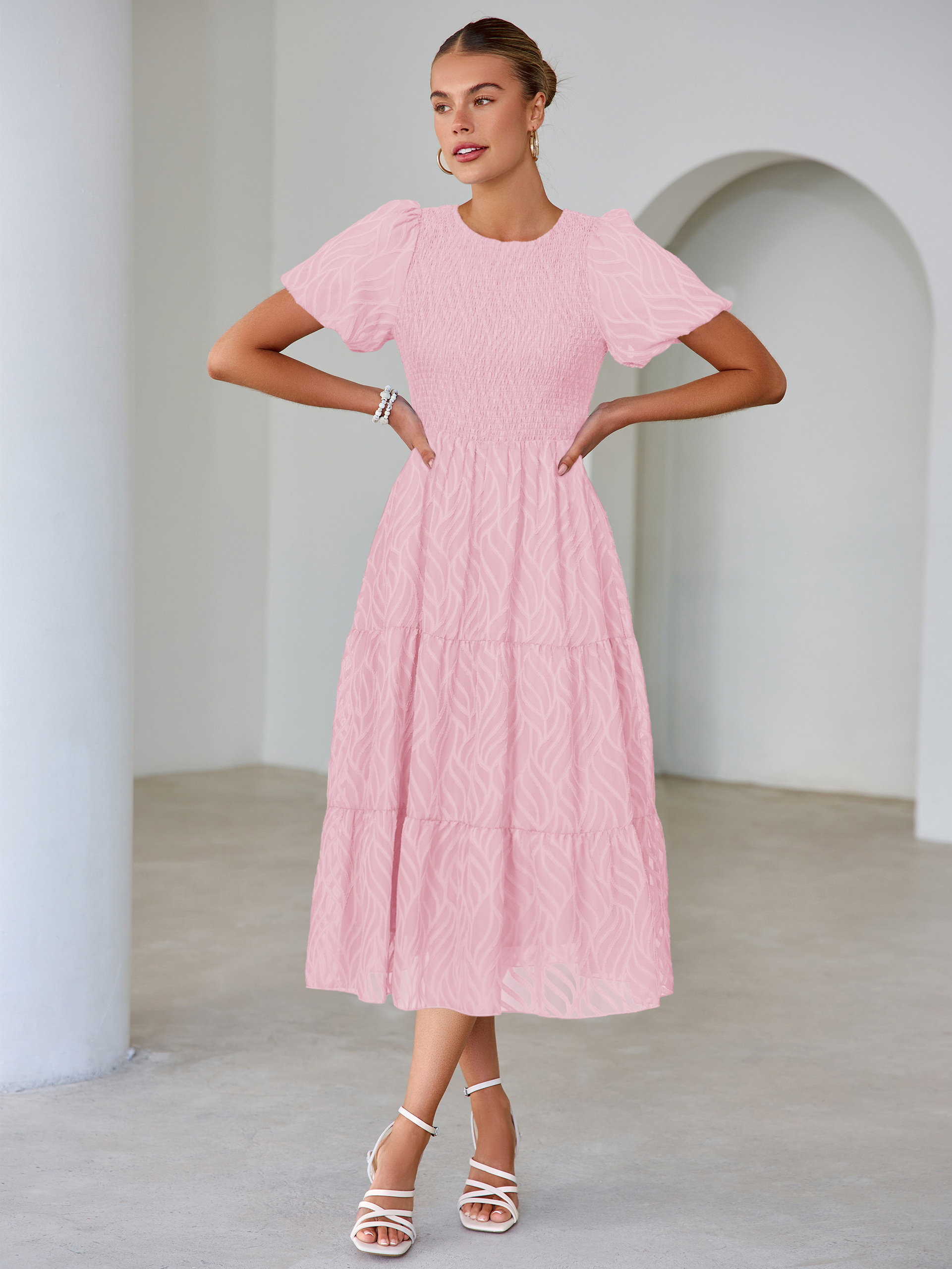 Puff Sleeve A Line Tiered Chiffon Maxi Dress