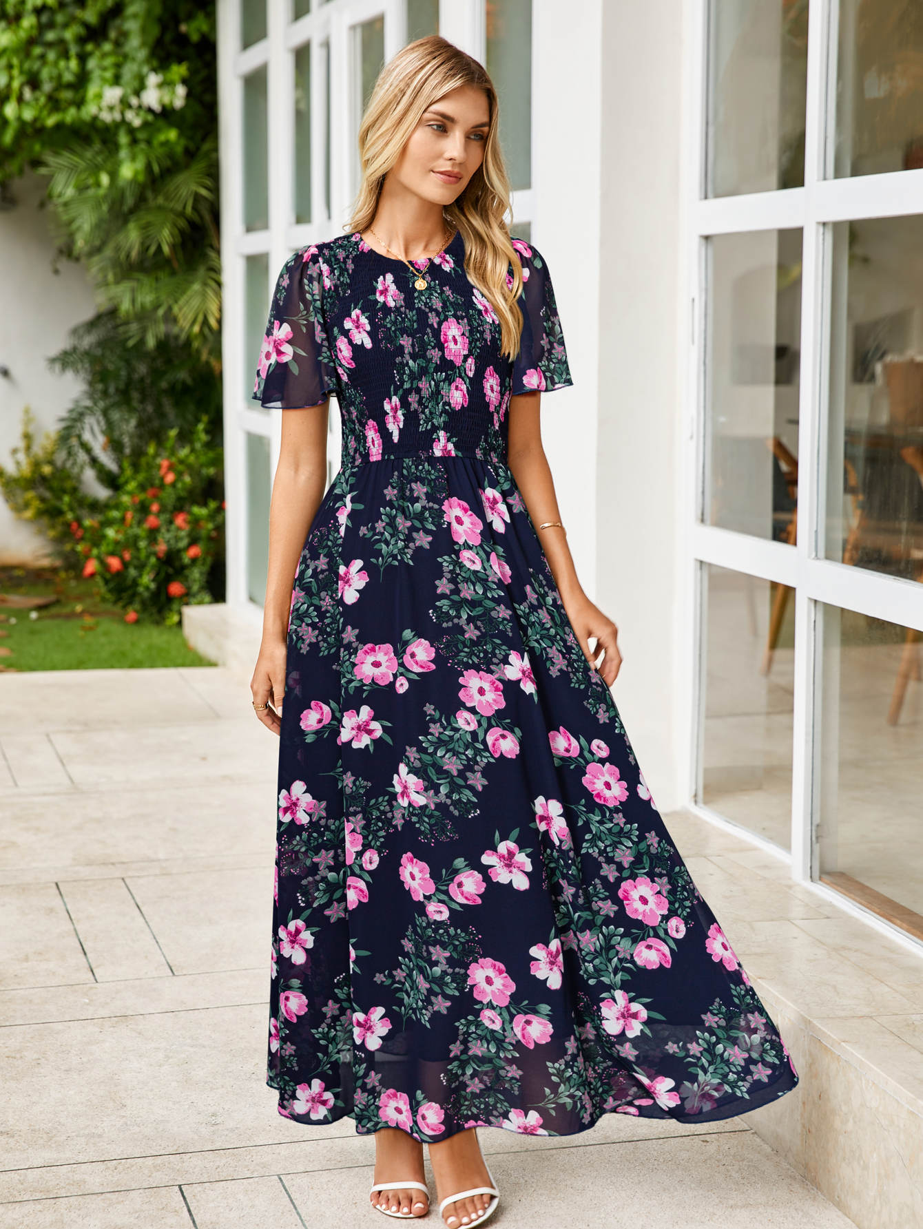 Chiffon Flutter Sleeve Smocked Floral Maxi Dress