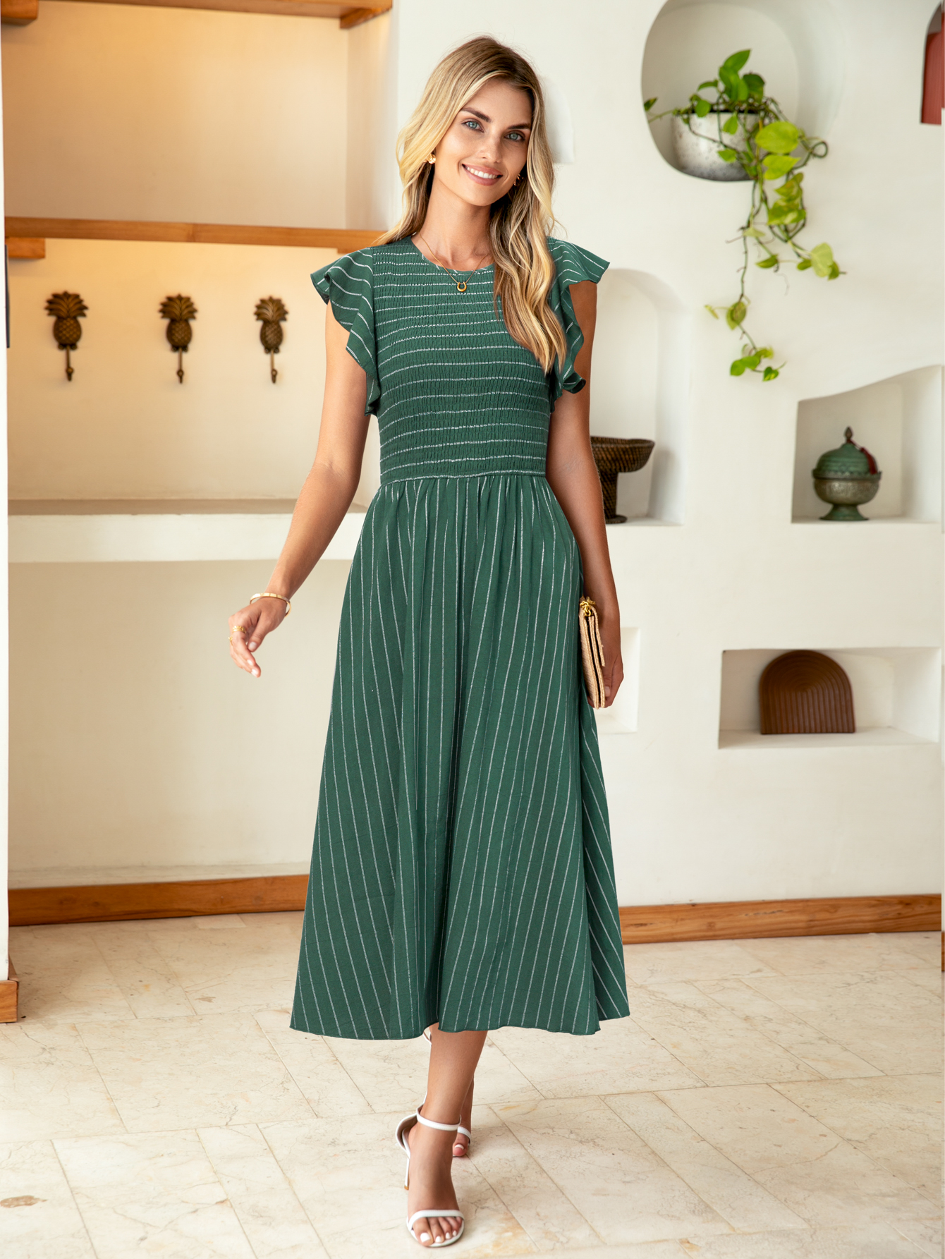 Striped Smocked Midi Dress with Flutter Sleeves