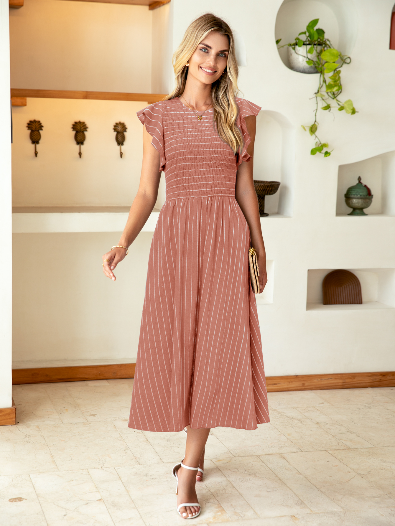 Striped Smocked Midi Dress with Flutter Sleeves