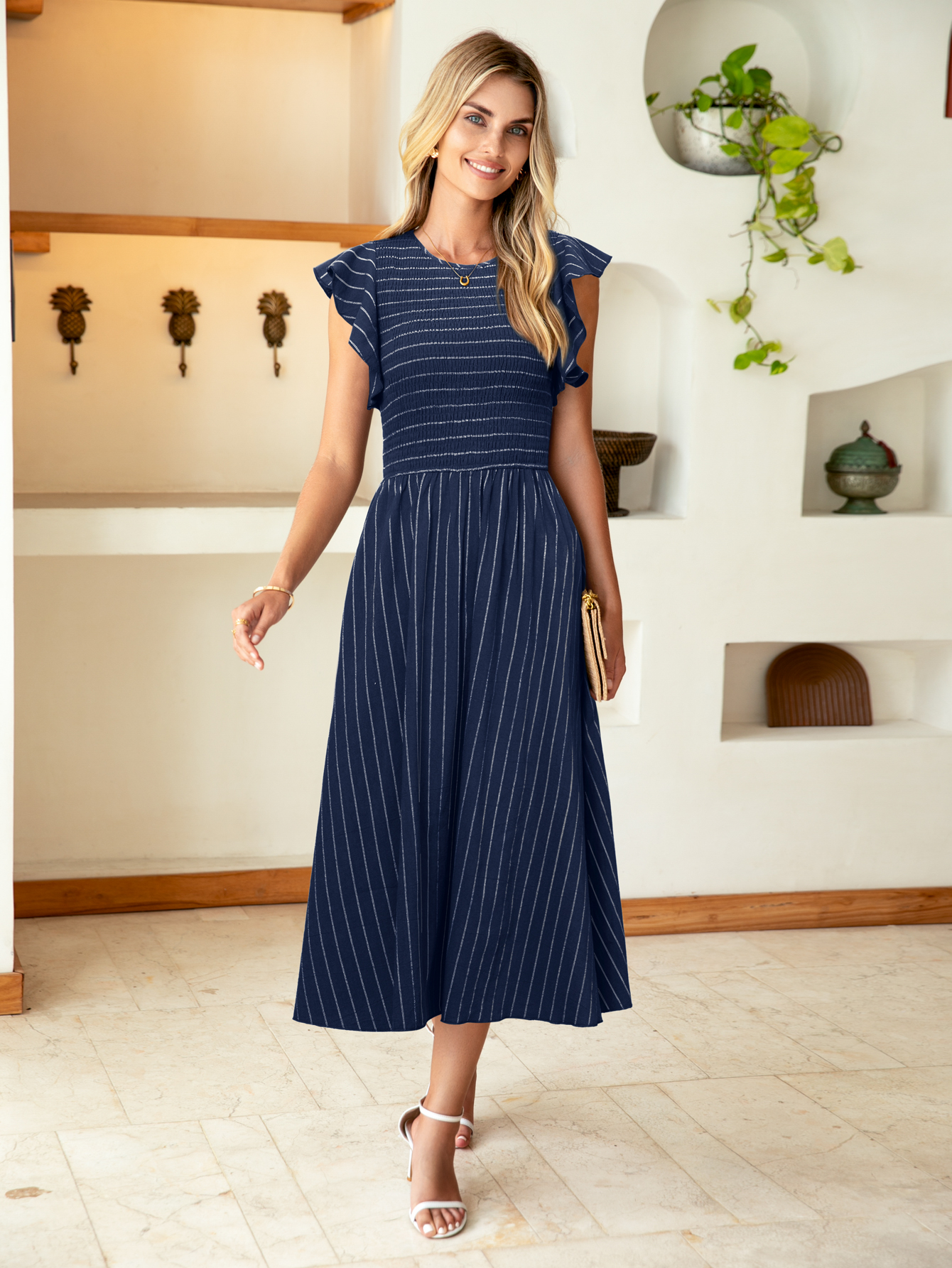 Striped Smocked Midi Dress with Flutter Sleeves