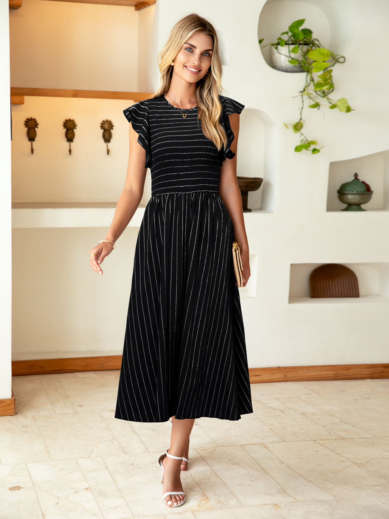 Striped Smocked Midi Dress with Flutter Sleeves