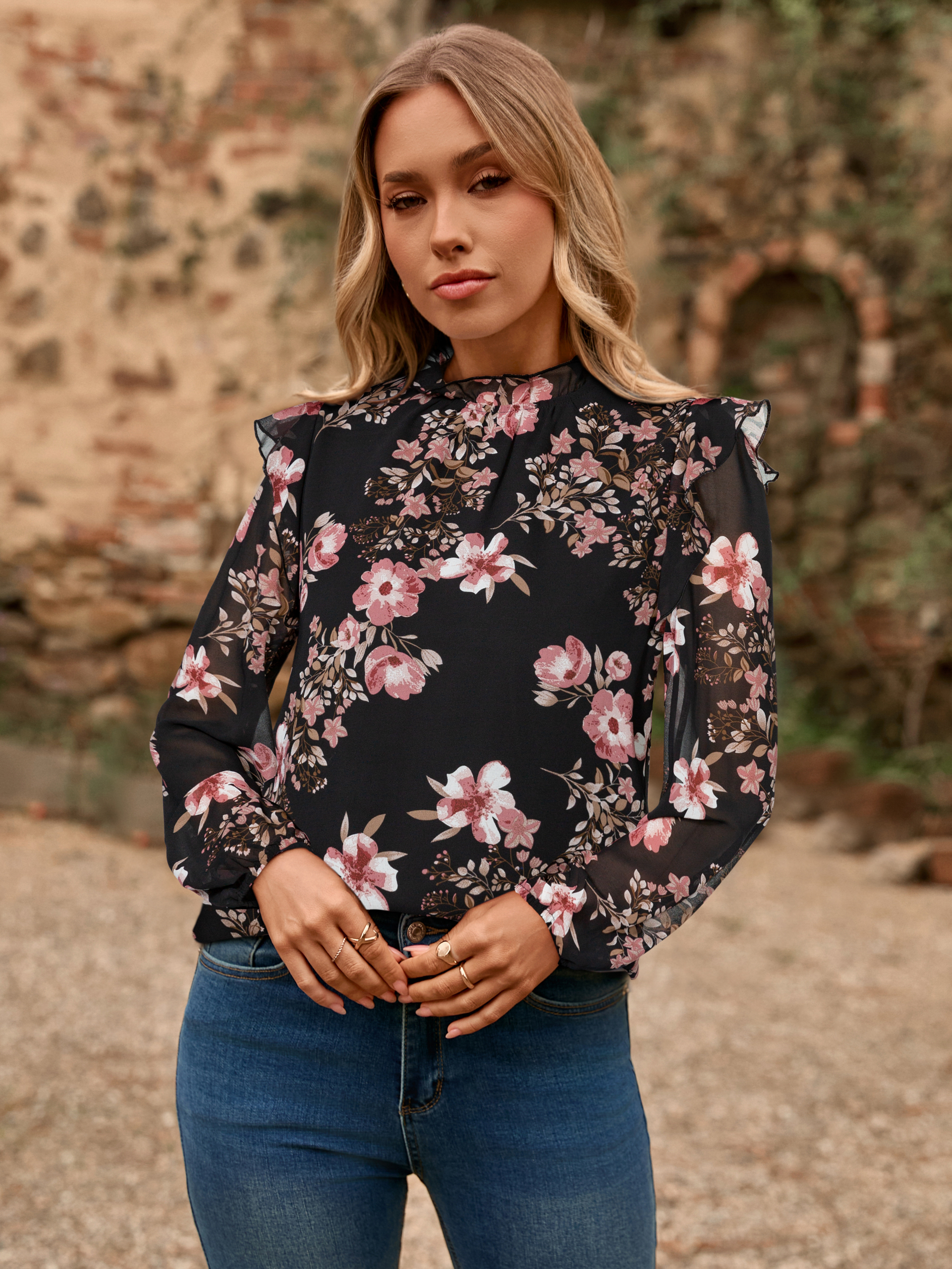 Boho Floral Ruffle Long Sleeve Blouse