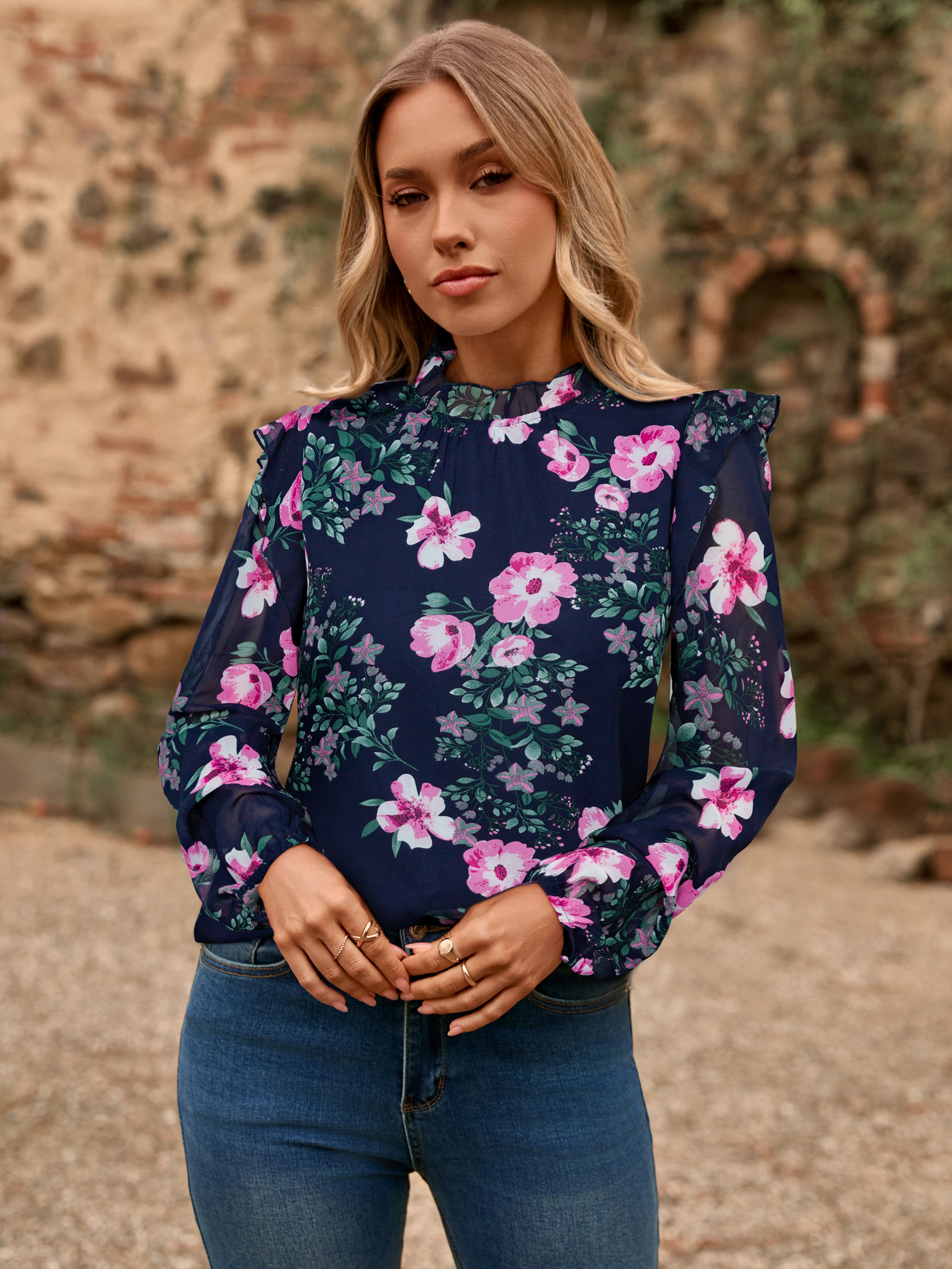 Boho Floral Ruffle Long Sleeve Blouse