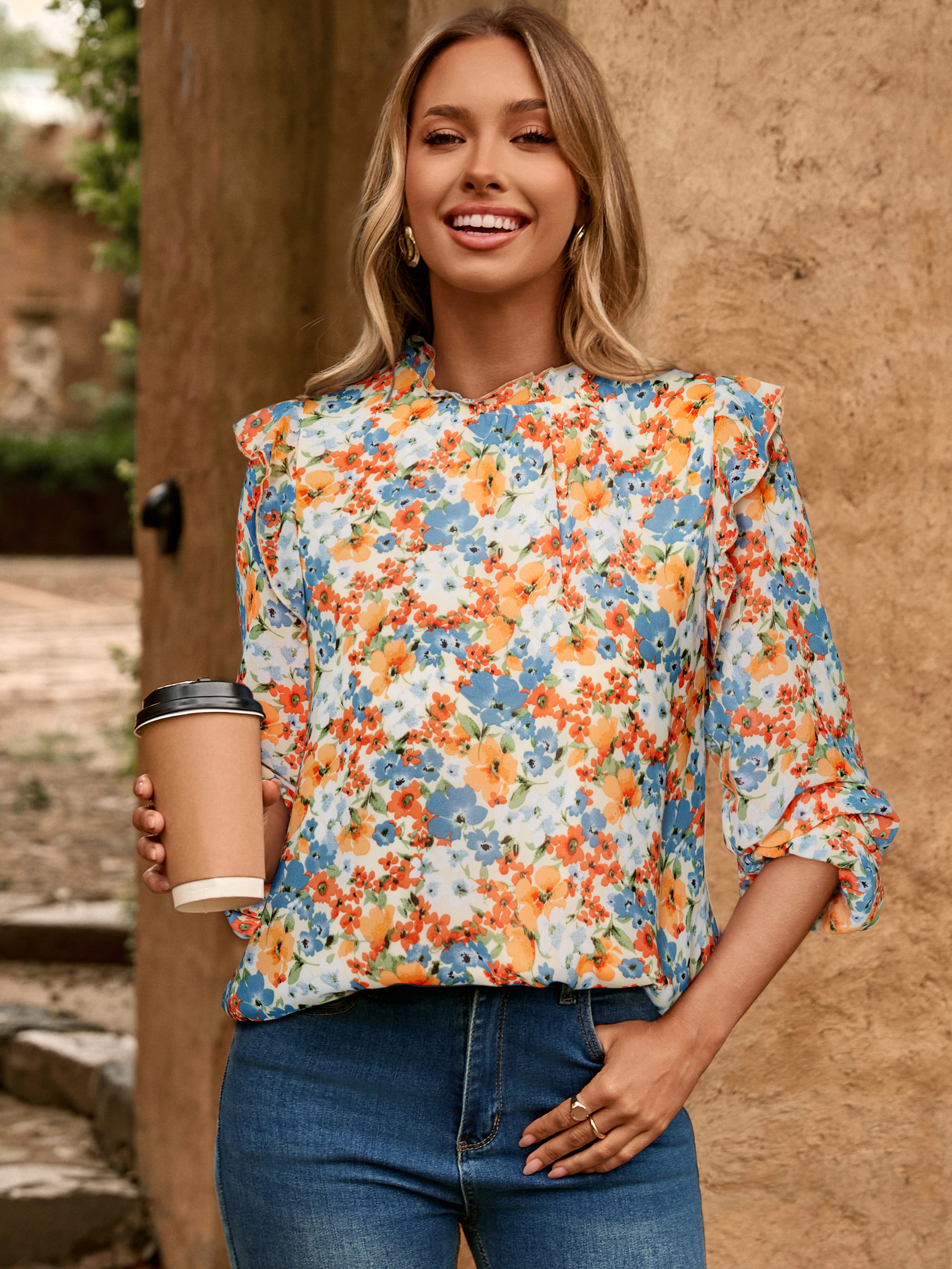 Boho Floral Ruffle Long Sleeve Blouse
