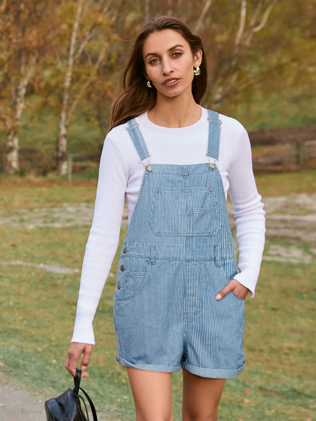 Casual Loose Fit Denim Romper with Pockets - Denim Blue Stripes