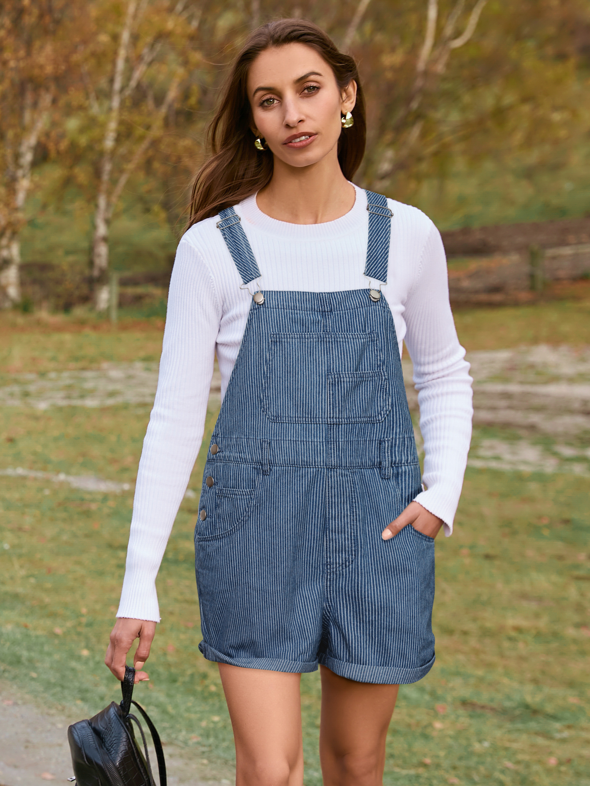 Casual Loose Fit Denim Romper with Pockets - Denim Deep Blue Stripes