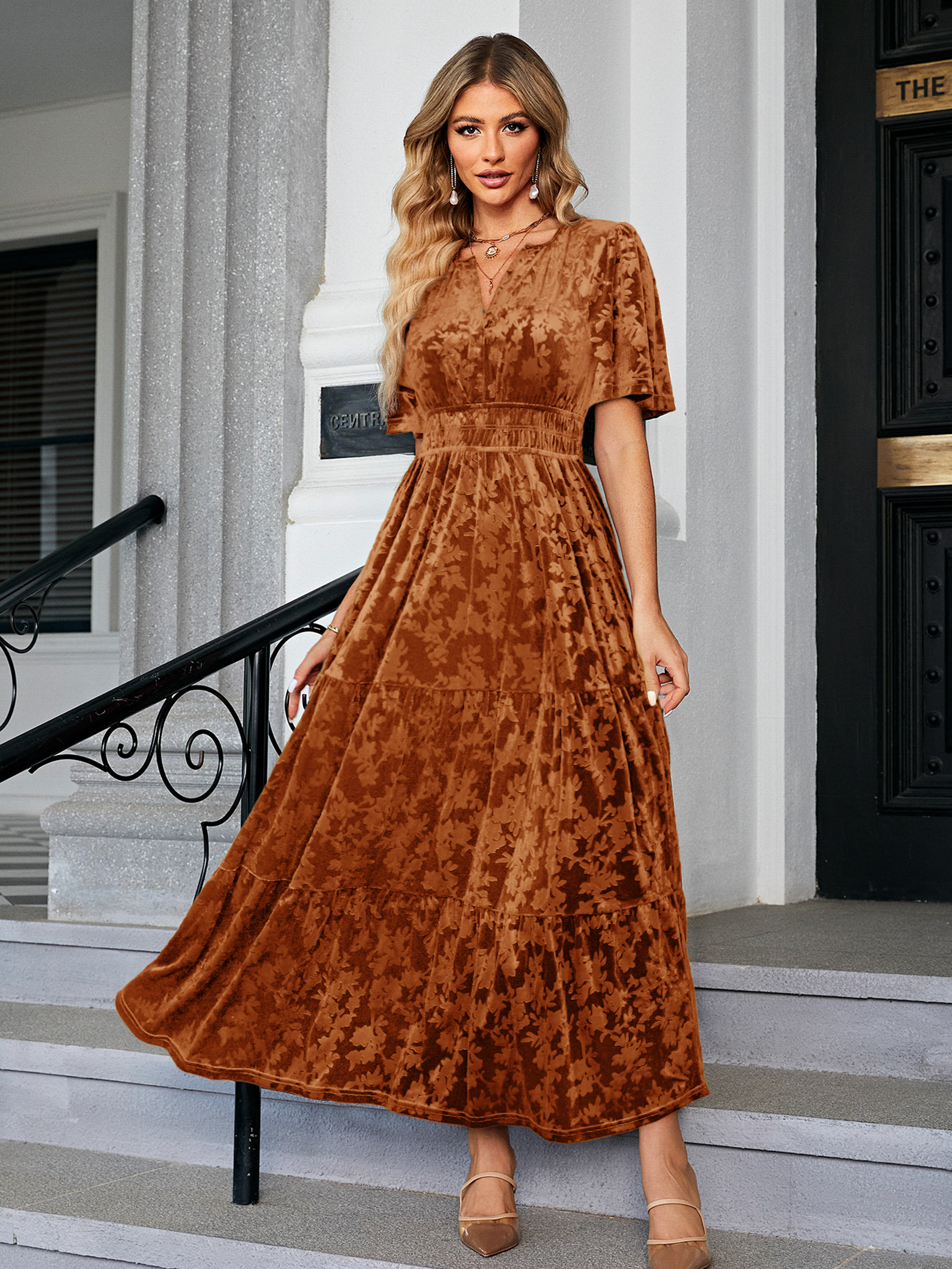 Velvet Print V-Neck Empire Tiered Ruffle Maxi Dress - Print-Earthy Orange