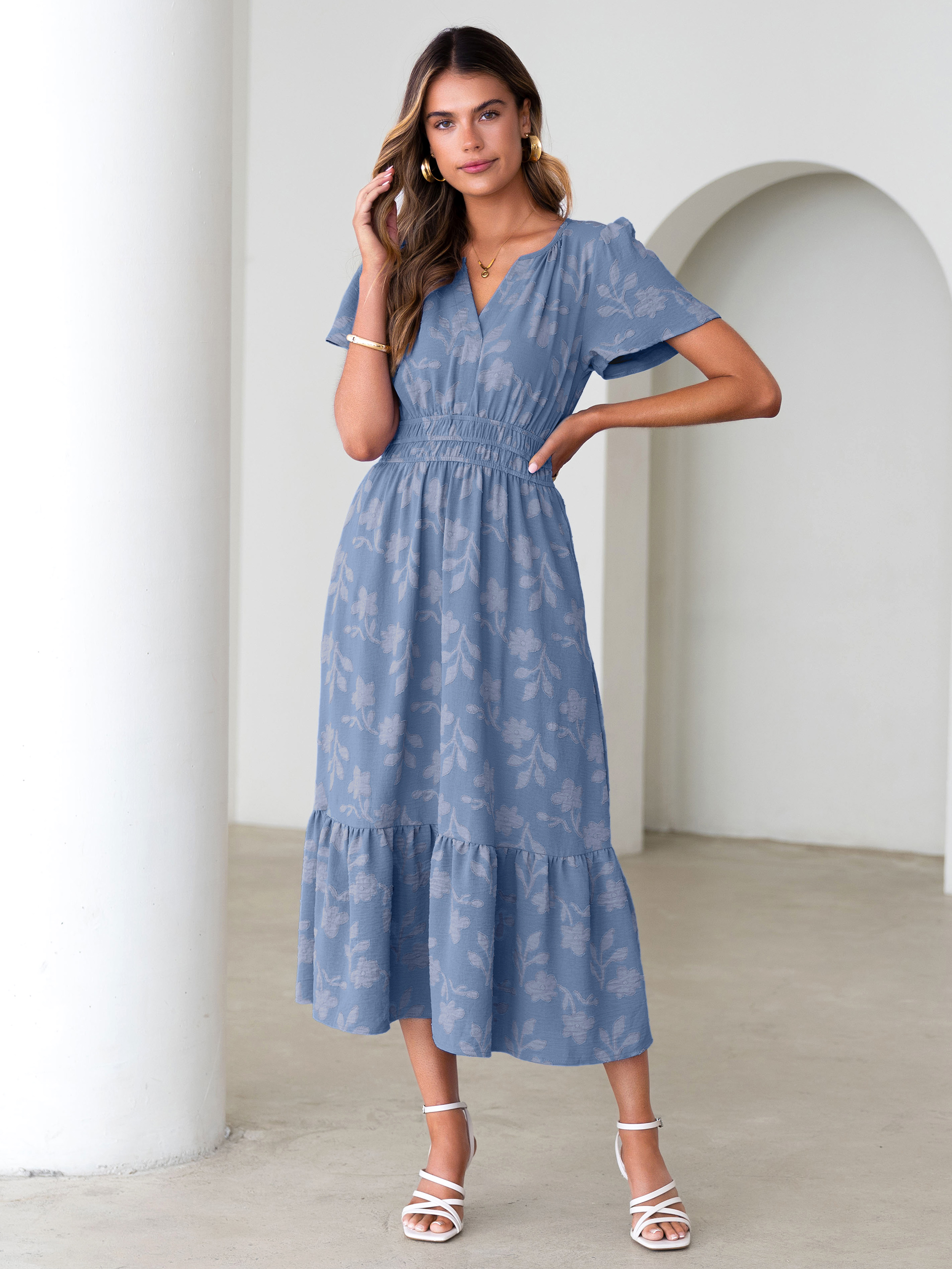 V Neck Burnout Floral Ruffle Maxi Dress