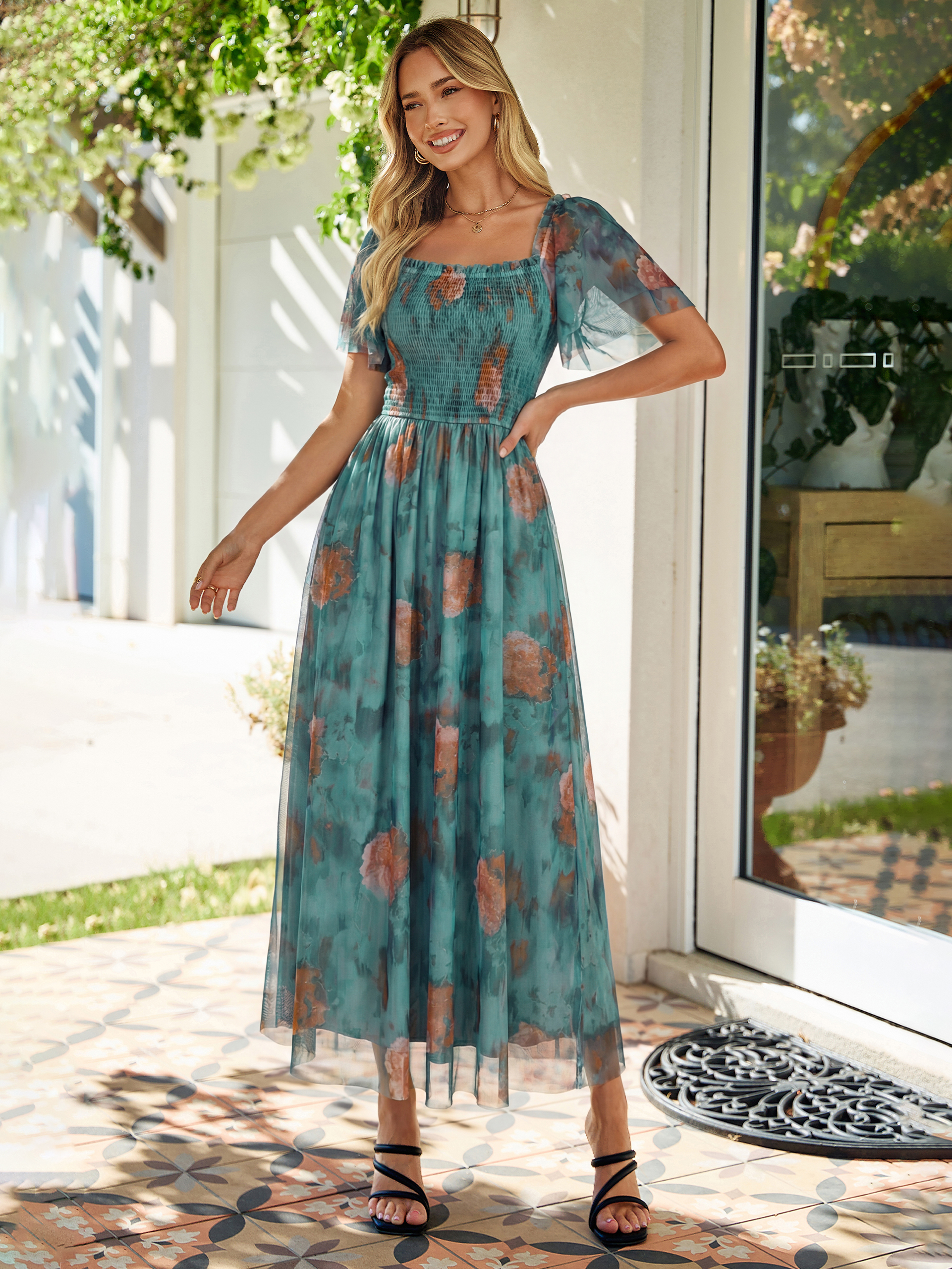Floral Square Neck Smocked Flutter Sleeve Maxi Dress