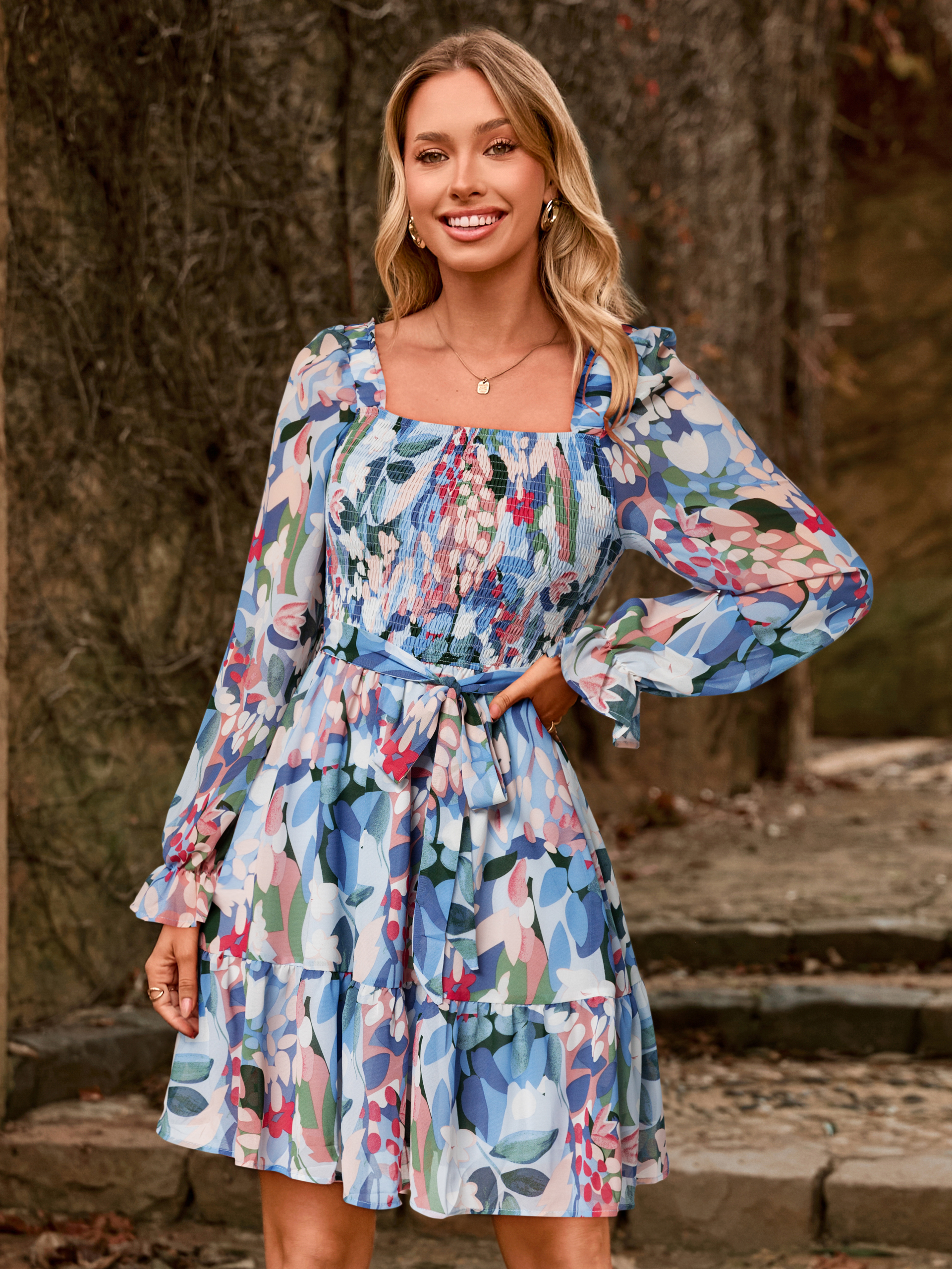 Boho Floral Chiffon Smocked Mini Dress