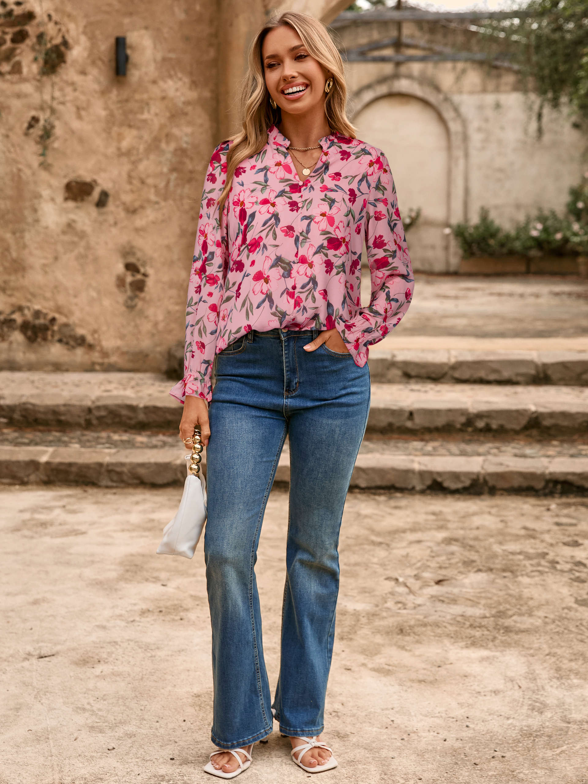 Floral V Neck Puff Sleeve Chiffon Blouse