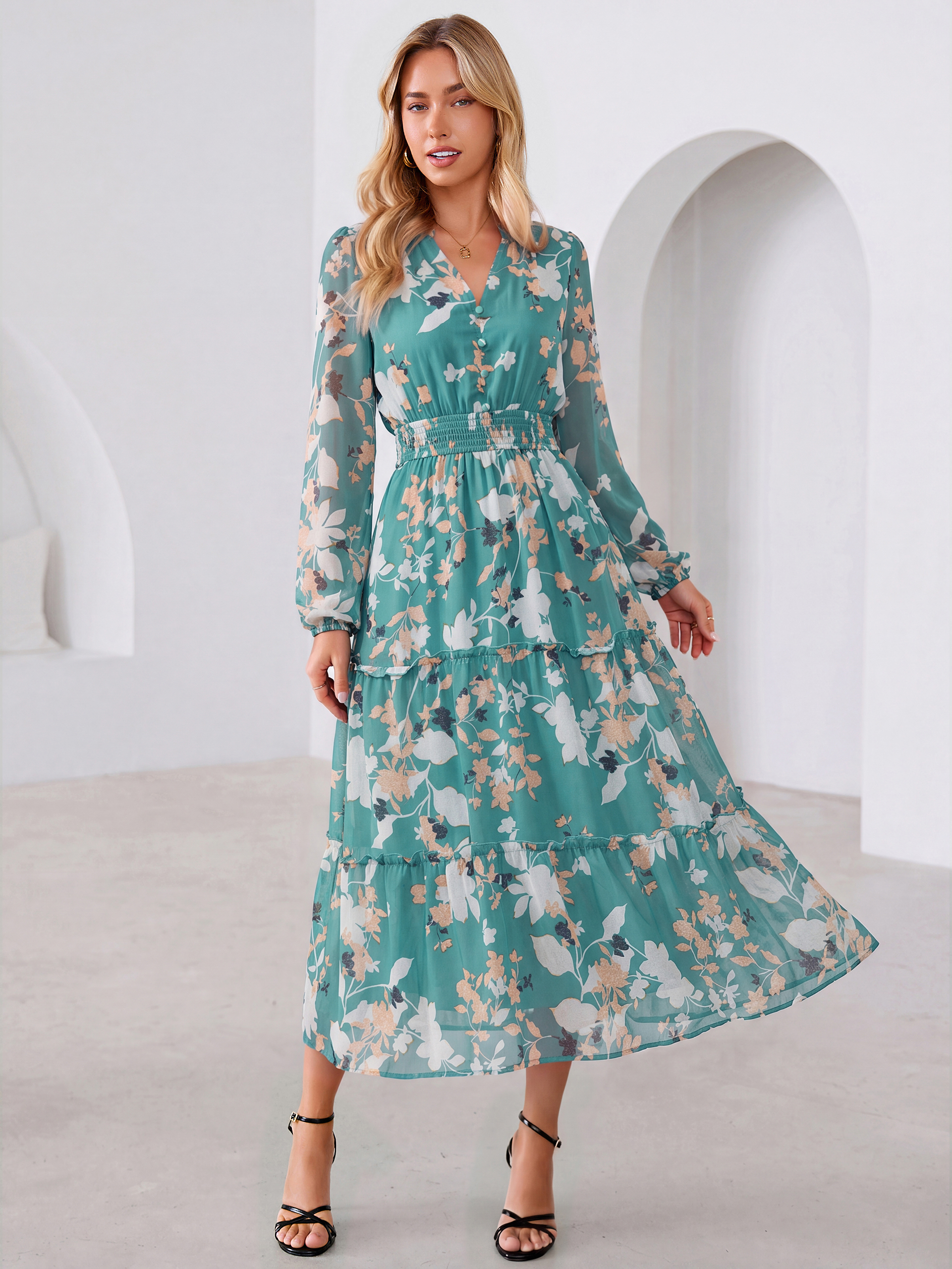 Floral Chiffon Button V Neck Tiered Maxi Dress - Green White Floral