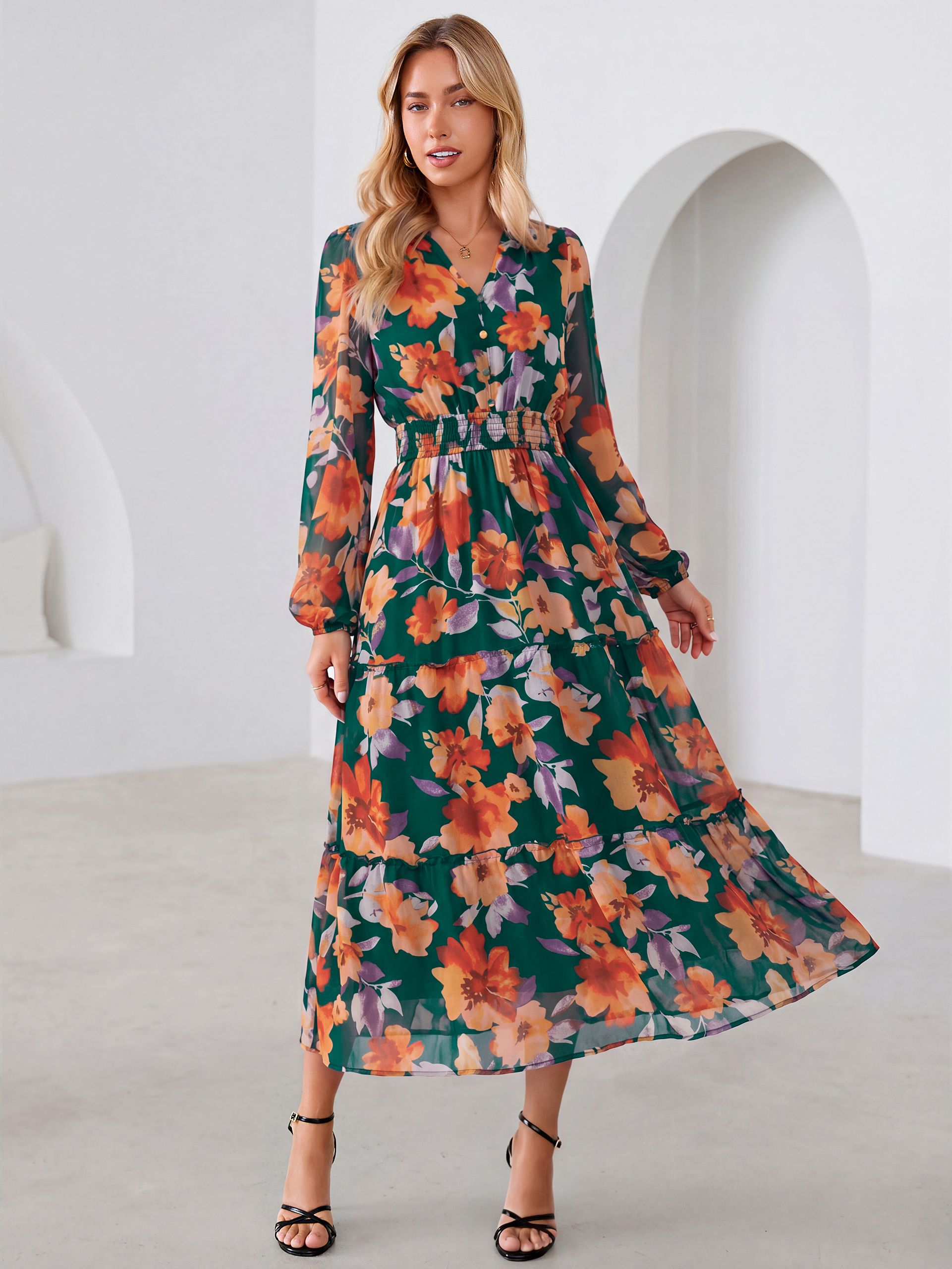 Floral Chiffon Button V Neck Tiered Maxi Dress - Green Orange Floral