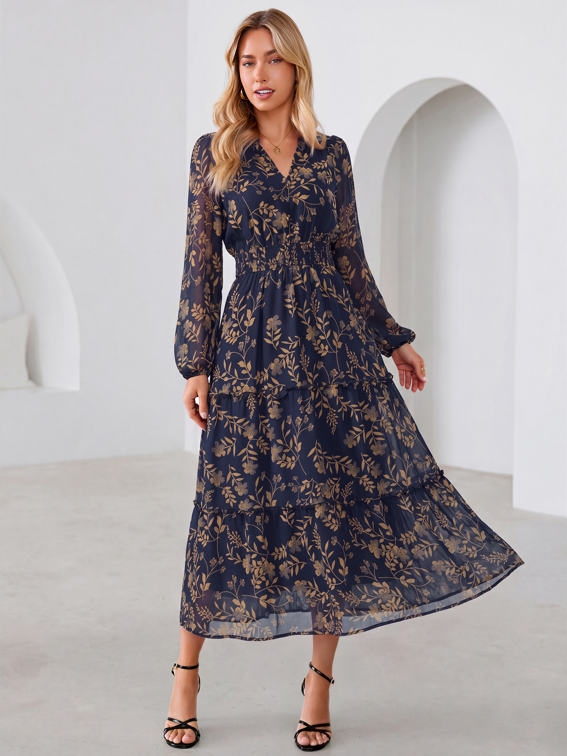 Floral Chiffon Button V Neck Tiered Maxi Dress - Navy Blue Yellow Leaf