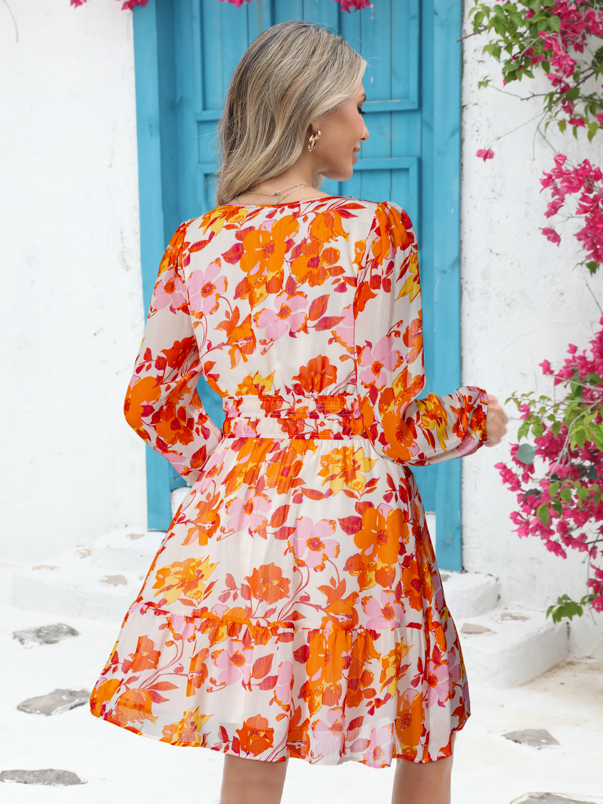 Boho V Neck A Line Floral Chiffon Mini Dress