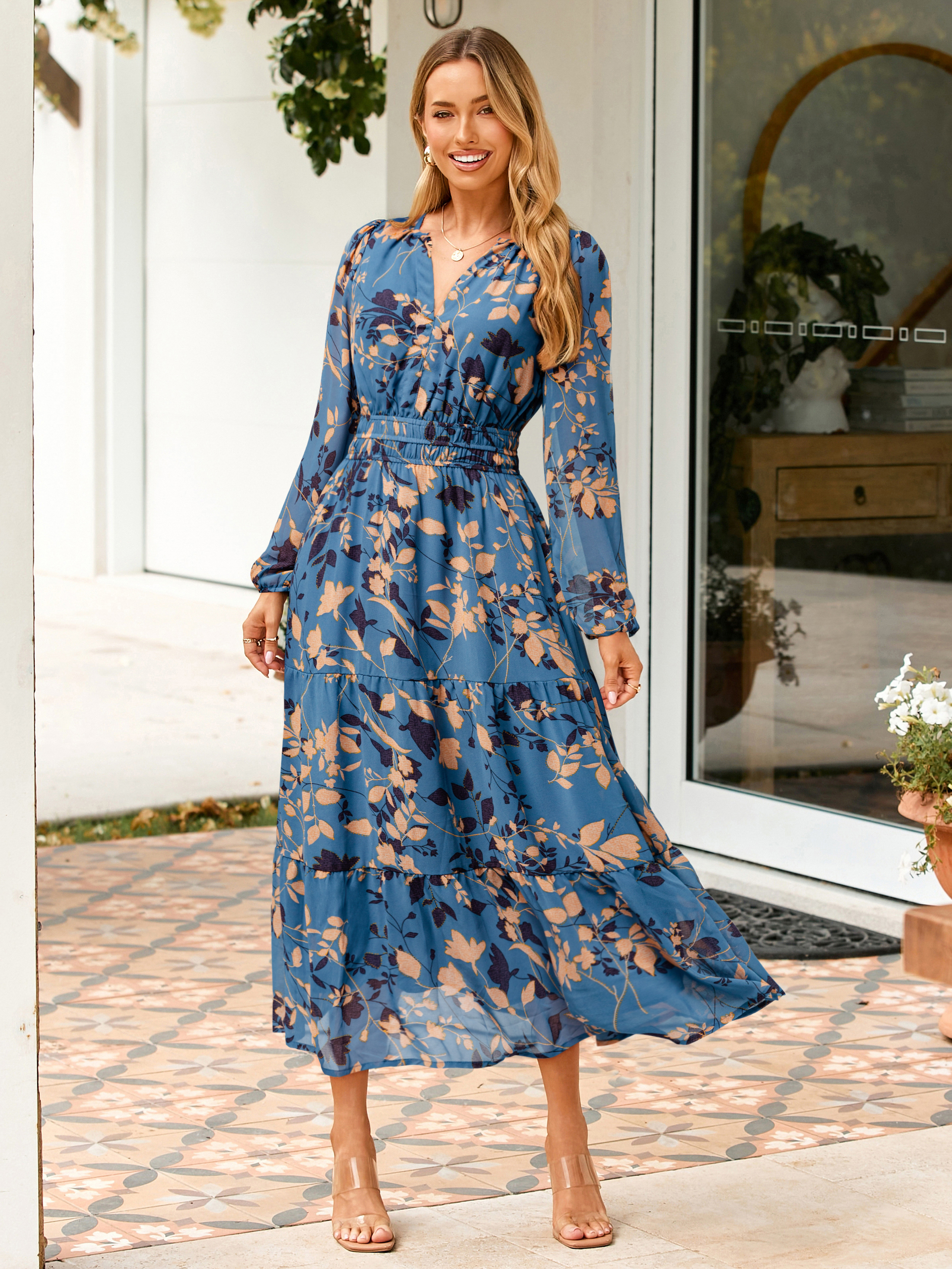 Boho Floral Long Sleeve Wedding Guest Maxi Dress - Dusty Blue Floral