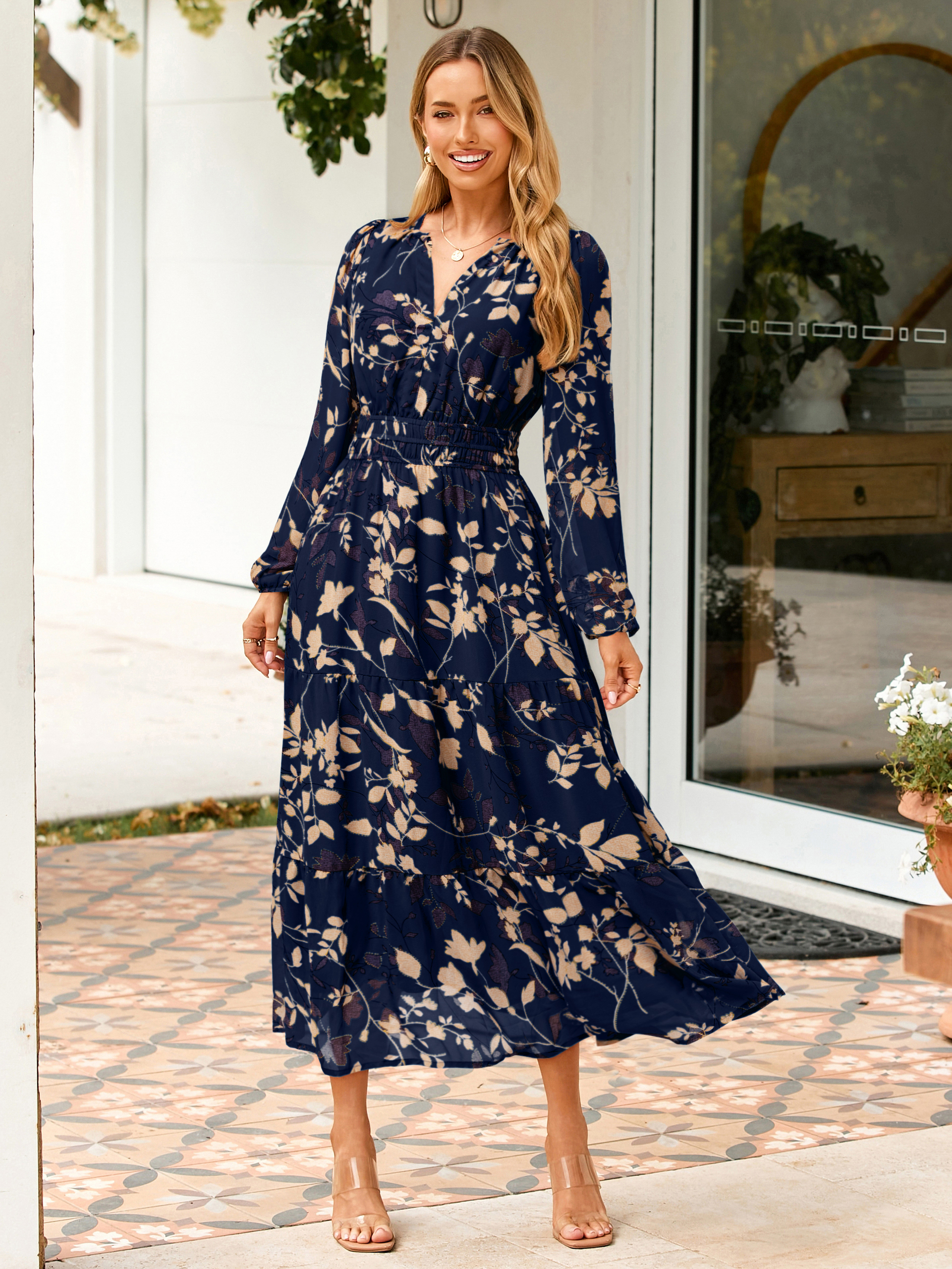 Boho Floral Long Sleeve Wedding Guest Maxi Dress - Navy Blue Leaf