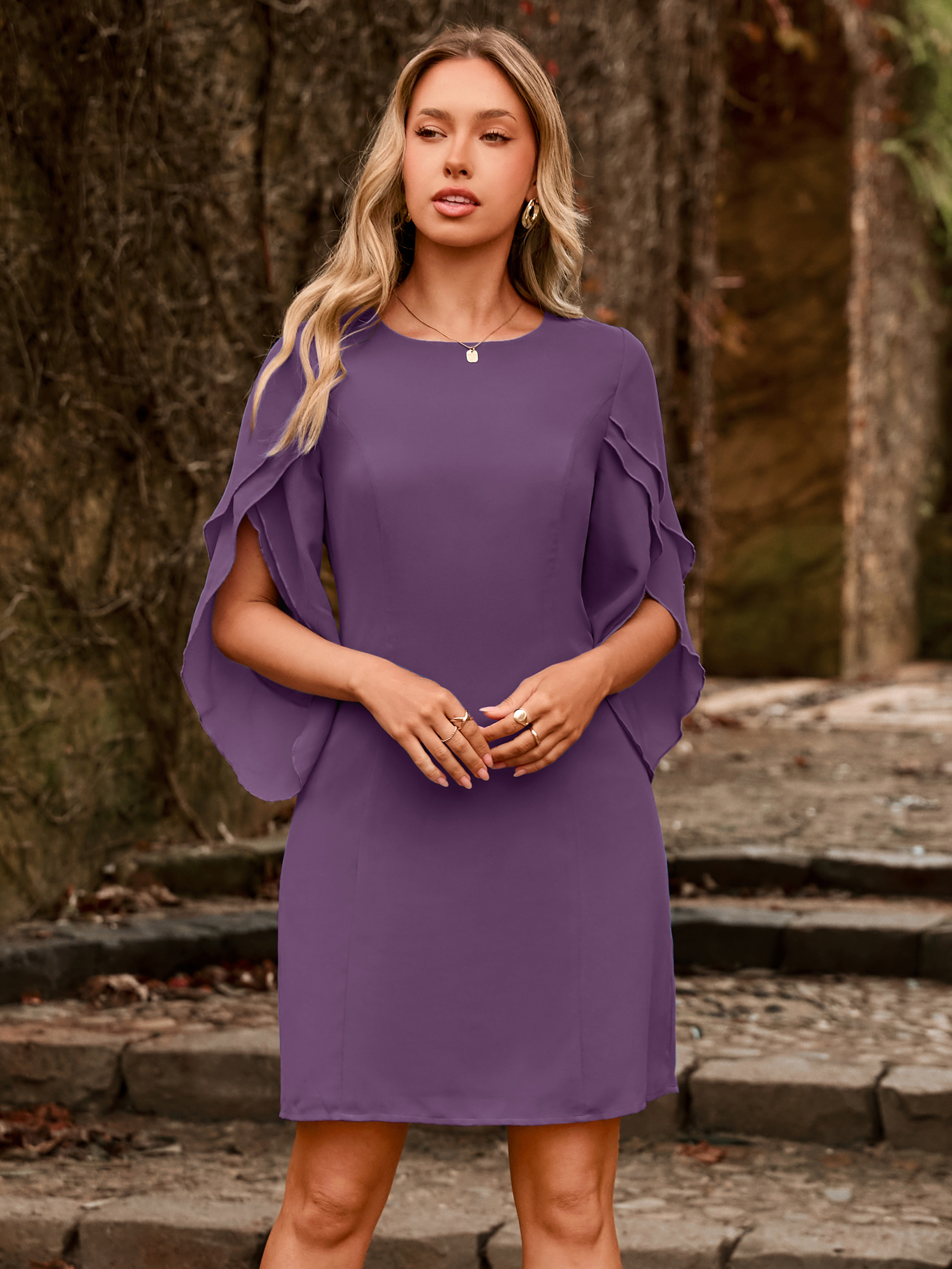 Fultter Sleeve Chiffon Cocktail Dress for Weddings - Purple